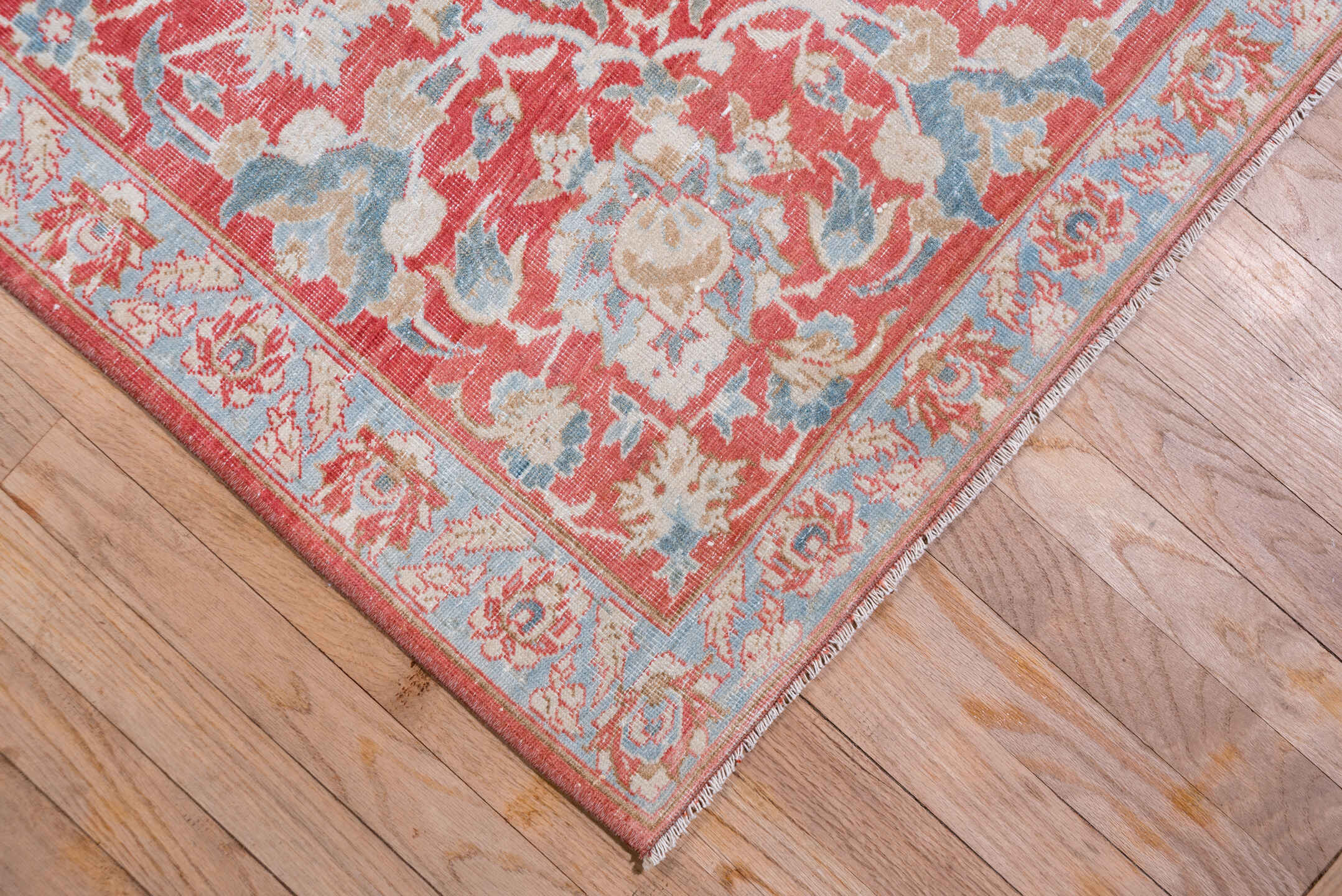 10' x 13' one-of-a-kind handmade vintage Kashan large size rug. Color palette: ivory, coral, sky blue, brick red, dusty rose