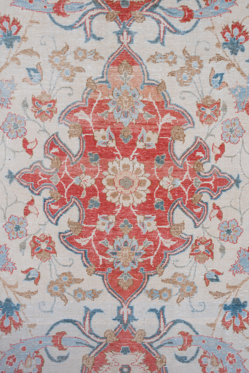 10' x 13' one-of-a-kind handmade vintage Kashan large size rug. Color palette: ivory, coral, sky blue, brick red, dusty rose