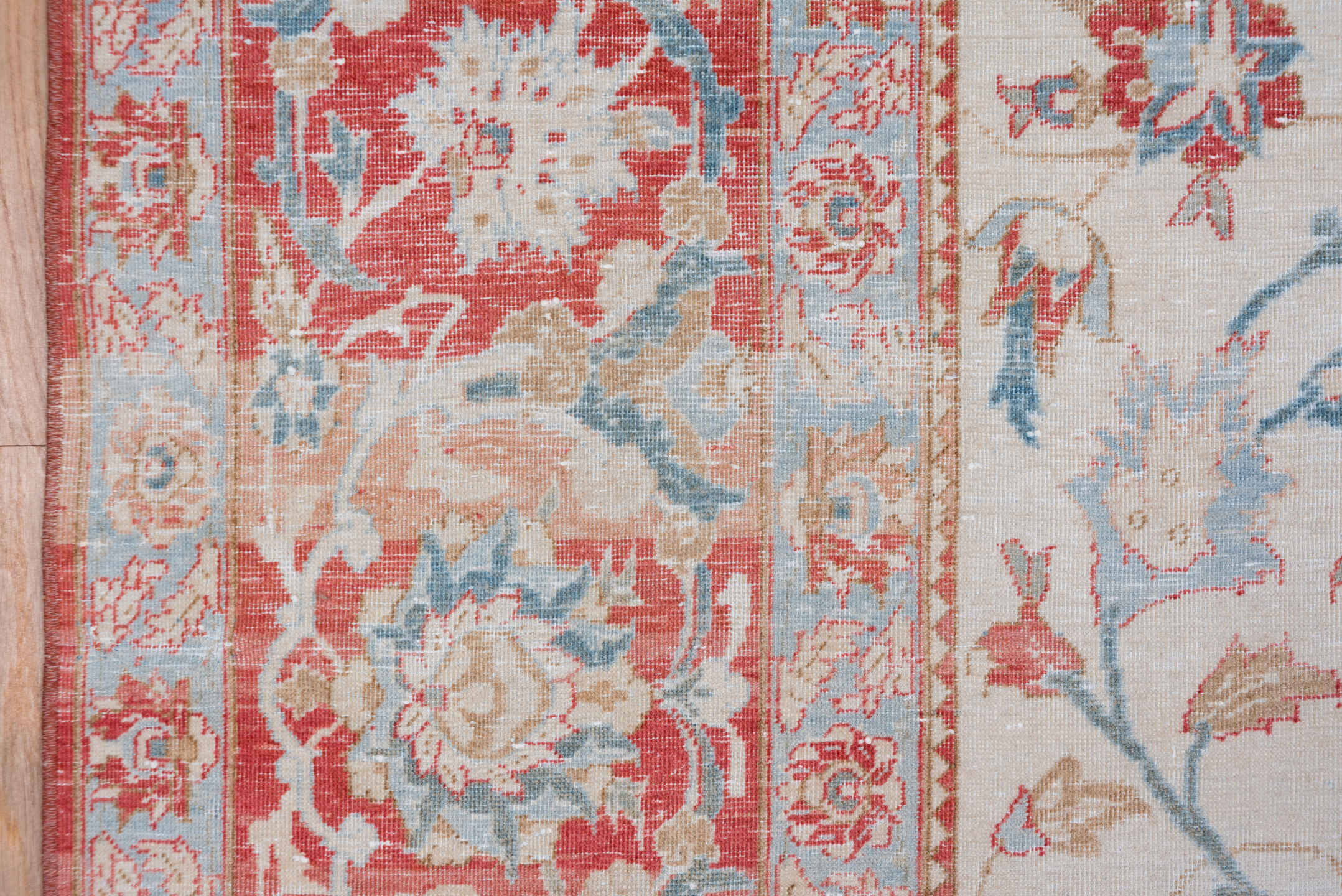 10' x 13' one-of-a-kind handmade vintage Kashan large size rug. Color palette: ivory, coral, sky blue, brick red, dusty rose