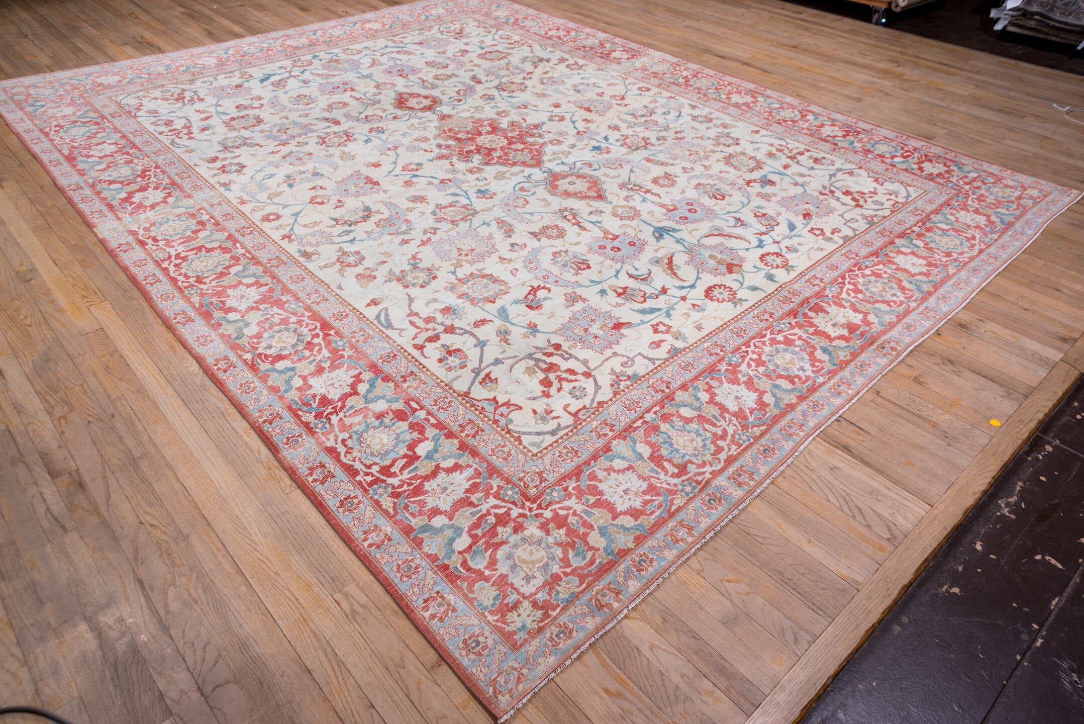 10' x 13' one-of-a-kind handmade vintage Kashan large size rug. Color palette: ivory, coral, sky blue, brick red, dusty rose