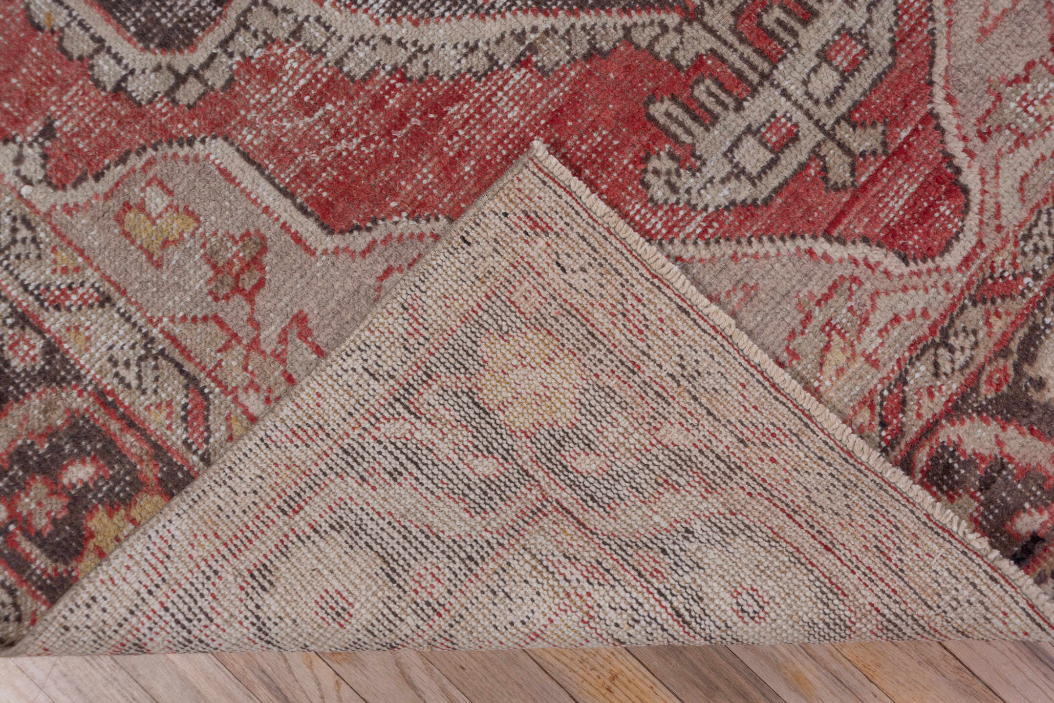 5' x 8' one-of-a-kind handmade vintage Oushak medium size rug. Color palette: brown, gray, light gray, off-white, pink, red