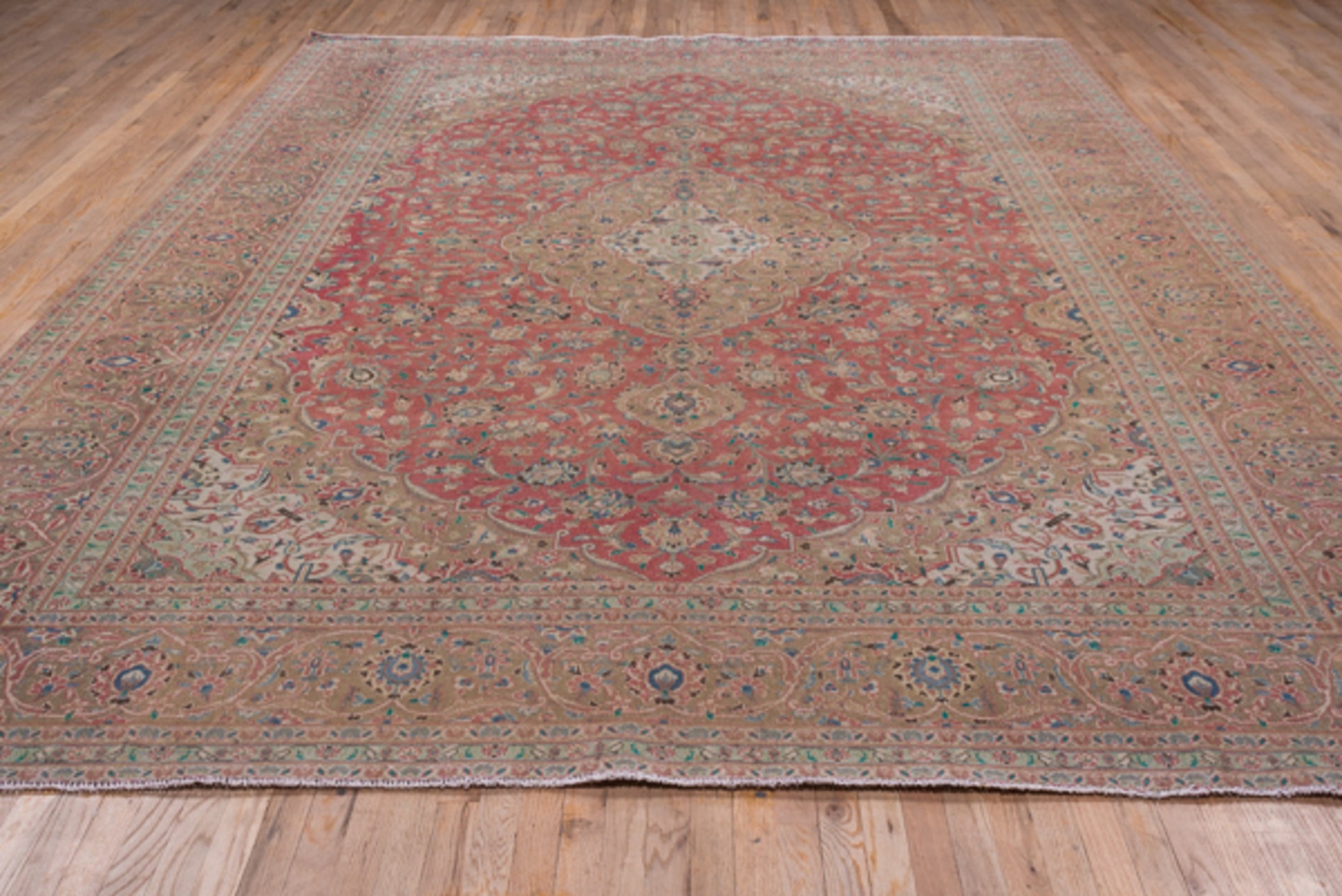 9' x 13' one-of-a-kind handmade vintage Kashan large size rug. Color palette: coral, beige, ivory, taupe, sky_blue, sage
