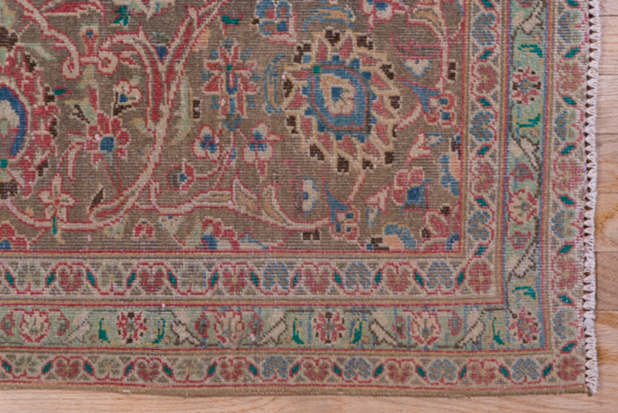 9' x 13' one-of-a-kind handmade vintage Kashan large size rug. Color palette: coral, beige, ivory, taupe, sky_blue, sage
