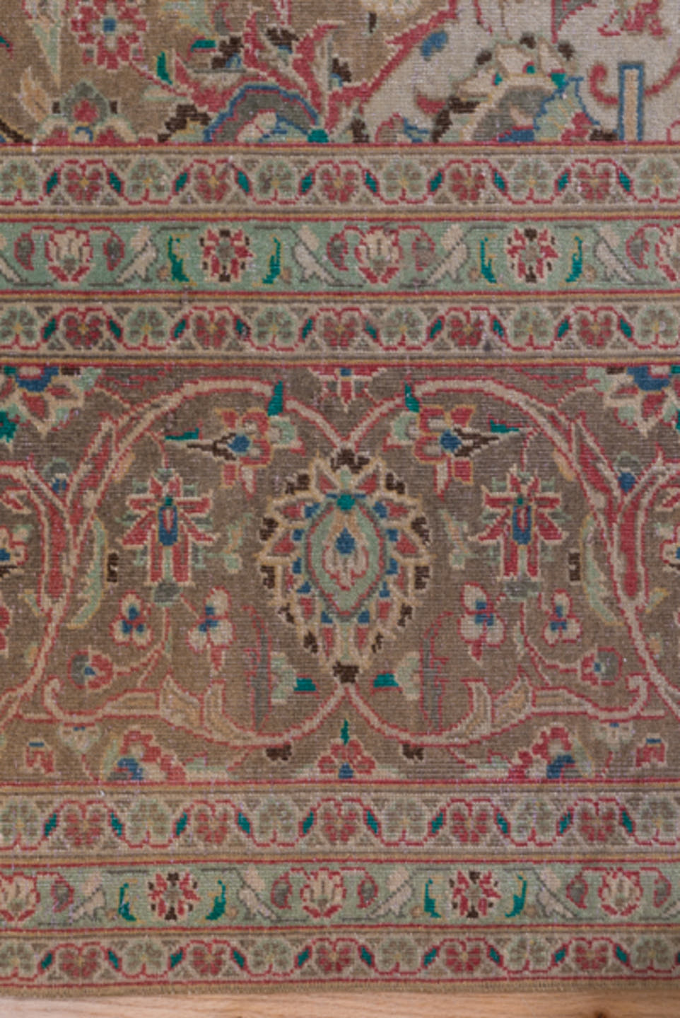 9' x 13' one-of-a-kind handmade vintage Kashan large size rug. Color palette: coral, beige, ivory, taupe, sky_blue, sage