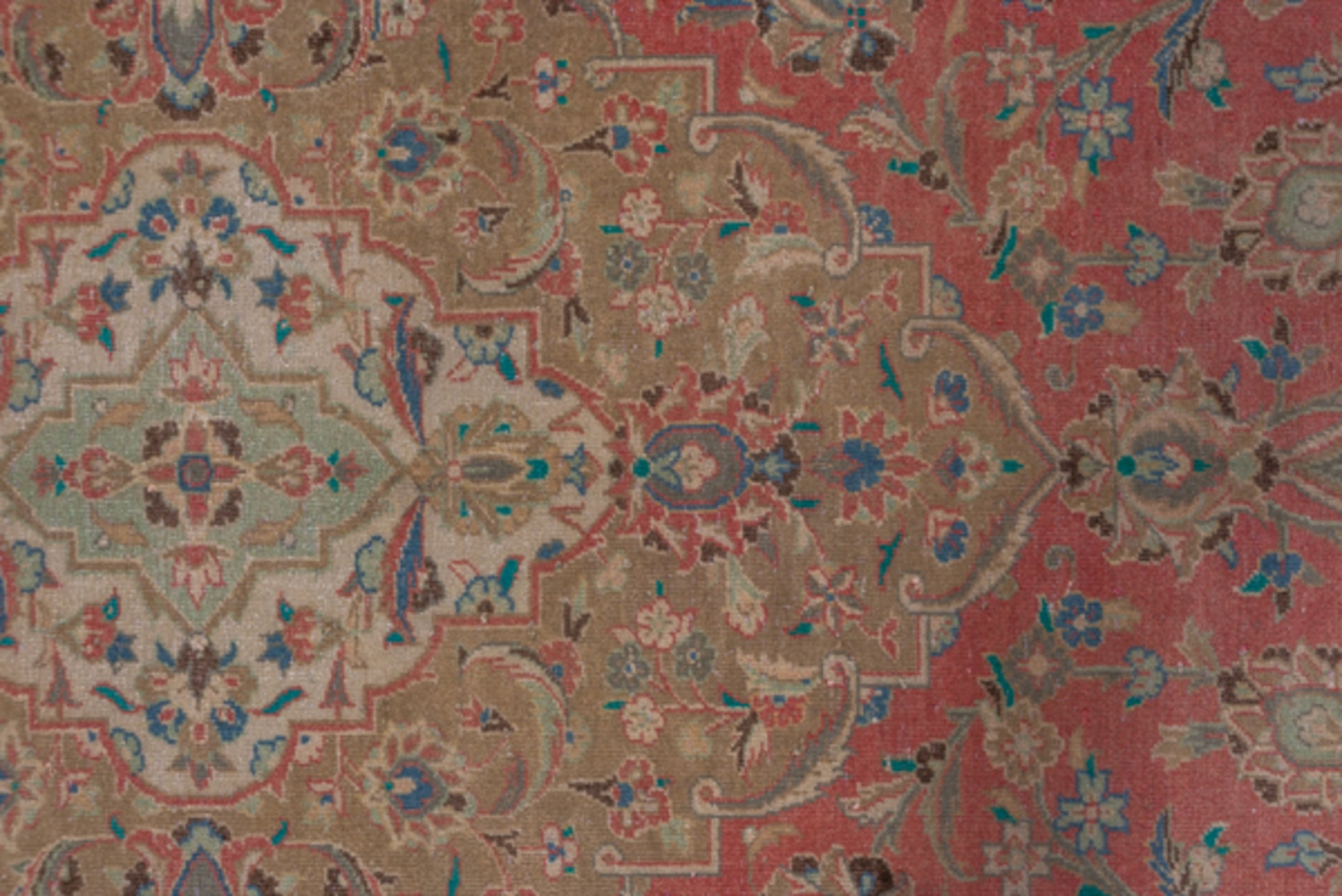 9' x 13' one-of-a-kind handmade vintage Kashan large size rug. Color palette: coral, beige, ivory, taupe, sky_blue, sage