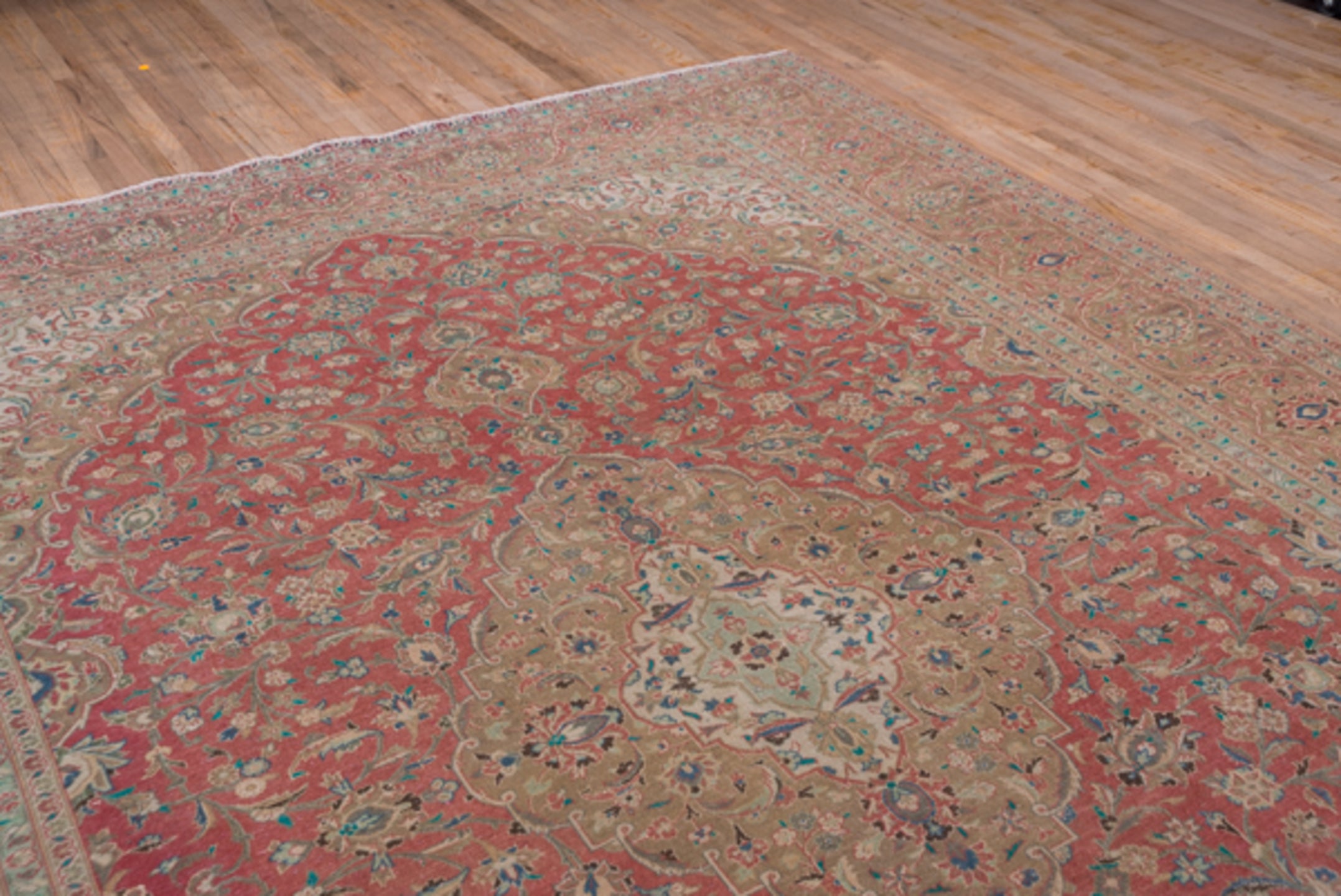 9' x 13' one-of-a-kind handmade vintage Kashan large size rug. Color palette: coral, beige, ivory, taupe, sky_blue, sage