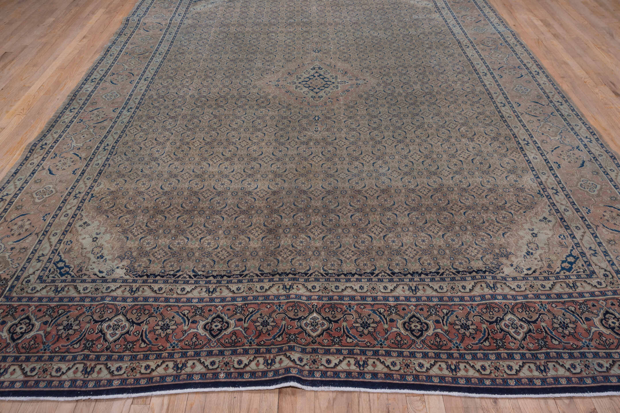 9' x 13' one-of-a-kind handmade vintage Tabriz large size rug. Color palette: ivory, blush, navy, dusty rose, taupe, slate