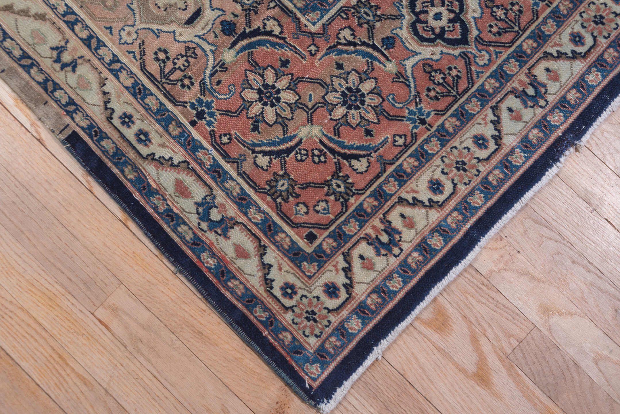 9' x 13' one-of-a-kind handmade vintage Tabriz large size rug. Color palette: ivory, blush, navy, dusty rose, taupe, slate