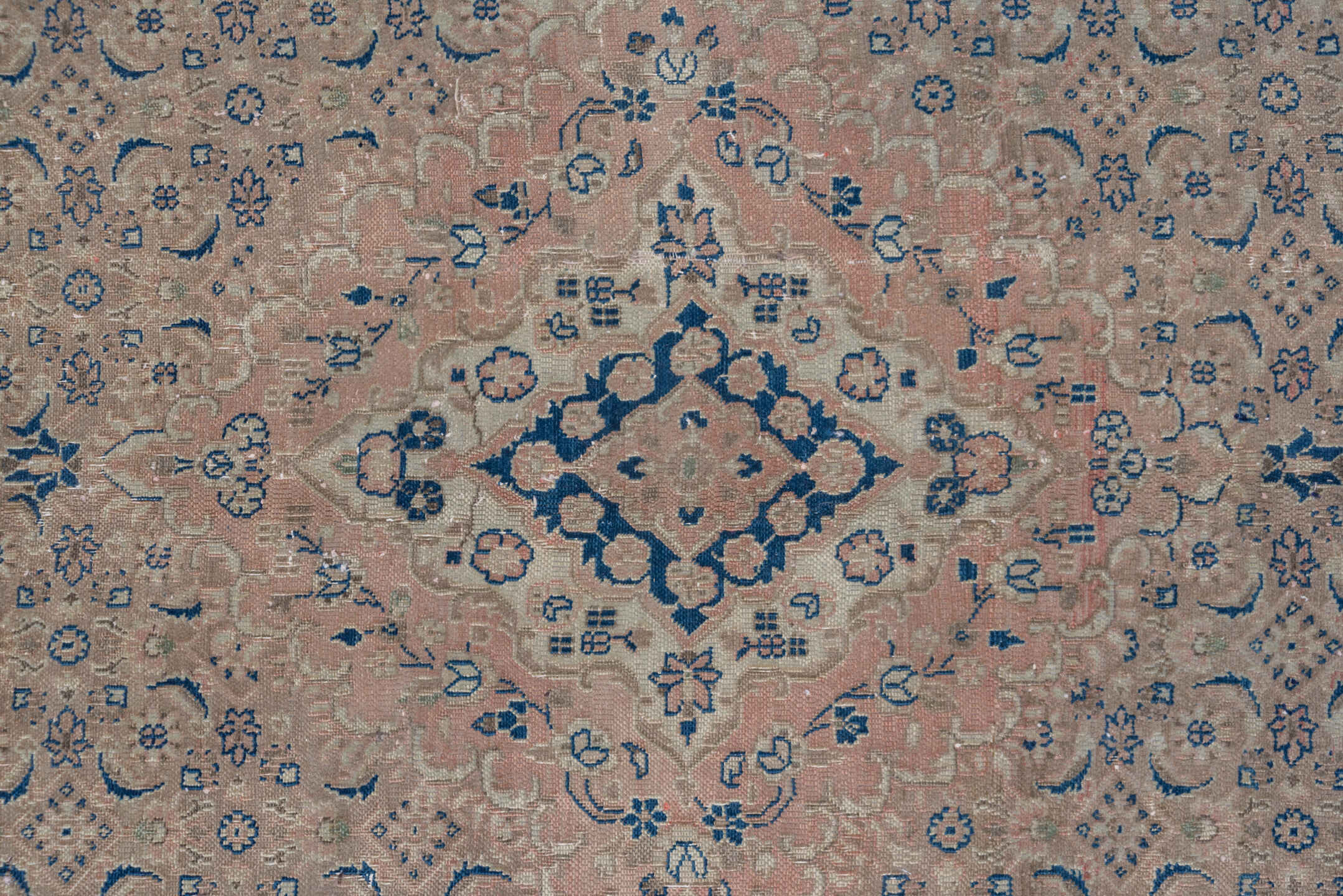 9' x 13' one-of-a-kind handmade vintage Tabriz large size rug. Color palette: ivory, blush, navy, dusty rose, taupe, slate