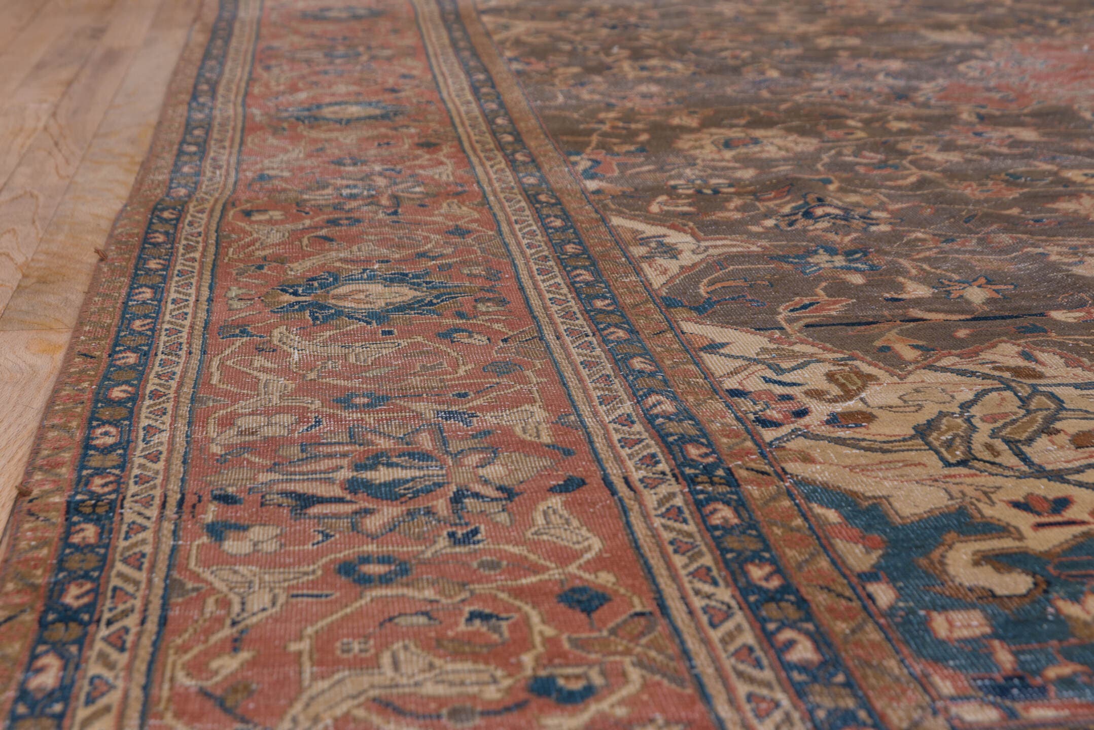 8' x 12' one-of-a-kind handmade vintage Kashan large size rug. Color palette: charcoal, rust, ivory, navy, rose, taupe