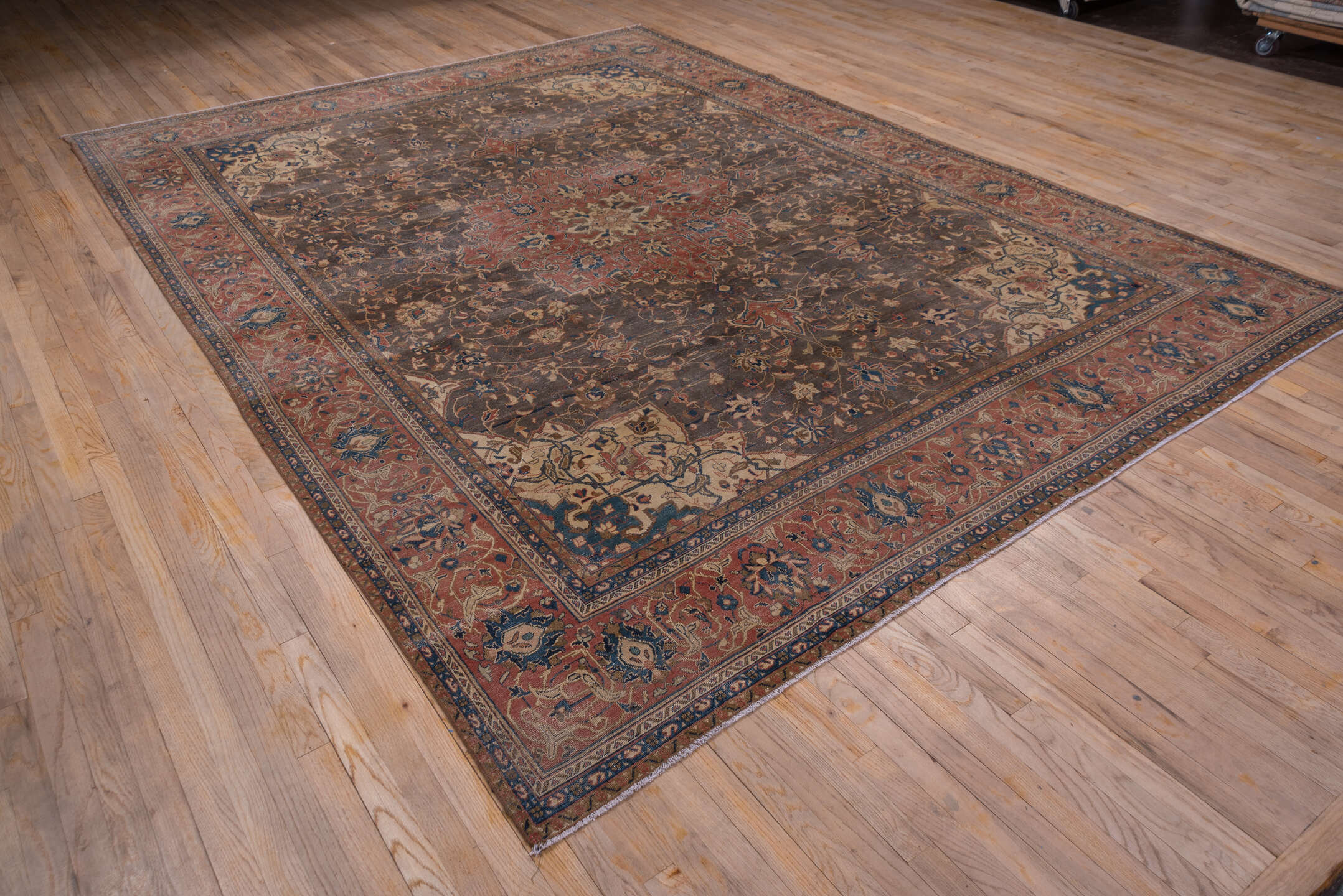 8' x 12' one-of-a-kind handmade vintage Kashan large size rug. Color palette: charcoal, rust, ivory, navy, rose, taupe