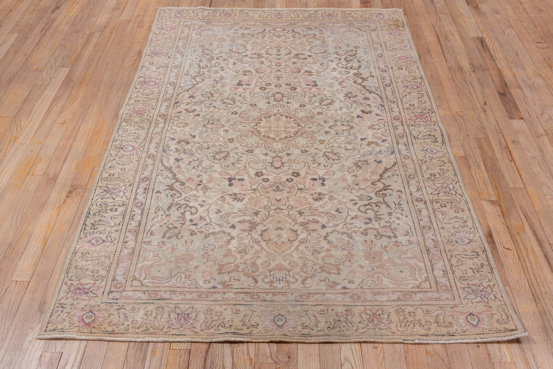 4' x 6' one-of-a-kind handmade vintage Kaisary small size rug. Color palette: ivory, blush, taupe, rose, beige, brown, sage
