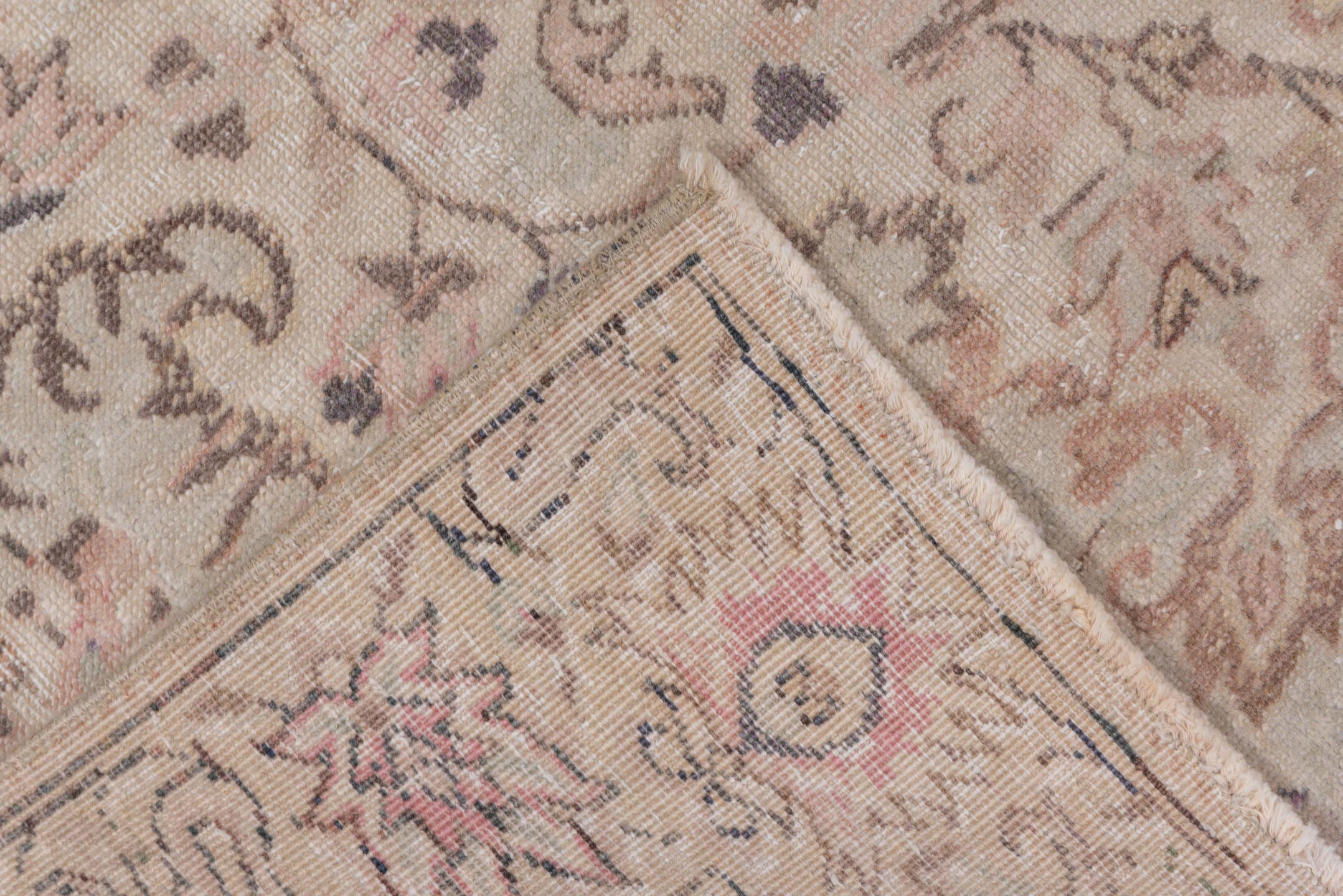4' x 6' one-of-a-kind handmade vintage Kaisary small size rug. Color palette: ivory, blush, taupe, rose, beige, brown, sage