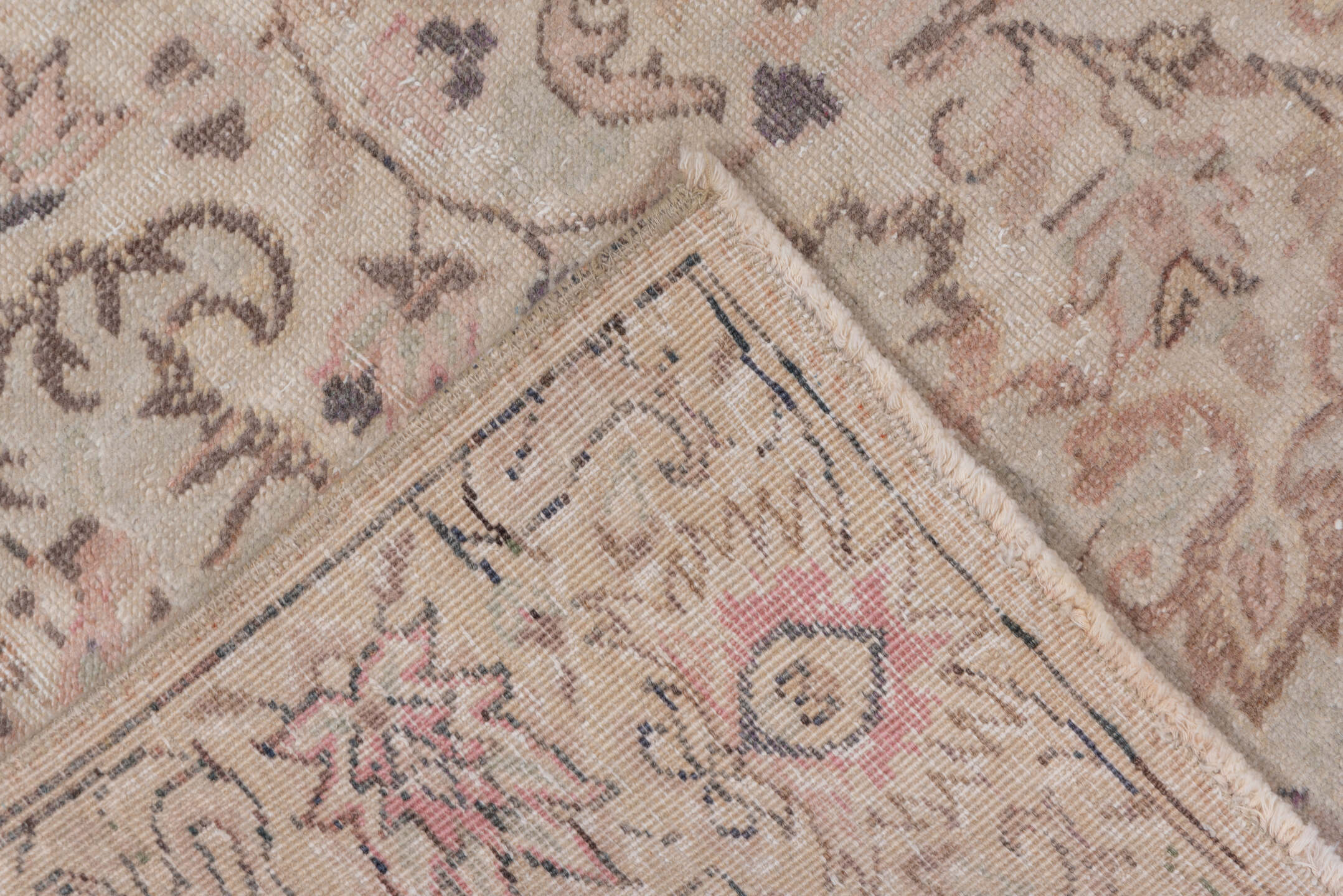 4' x 6' one-of-a-kind handmade vintage Kaisary small size rug. Color palette: ivory, blush, taupe, rose, beige, brown, sage