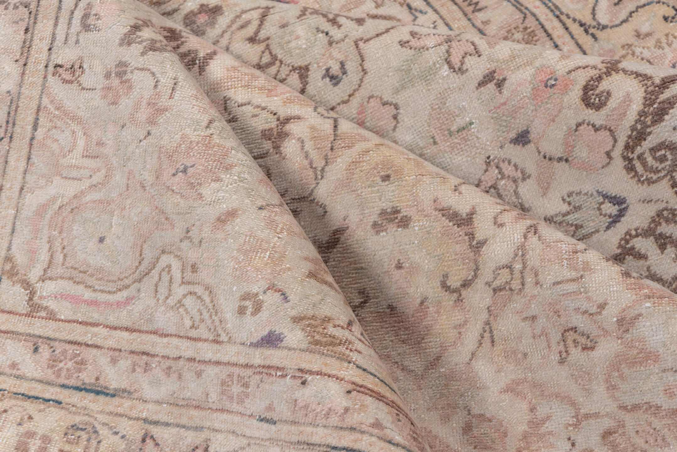 4' x 6' one-of-a-kind handmade vintage Kaisary small size rug. Color palette: ivory, blush, taupe, rose, beige, brown, sage