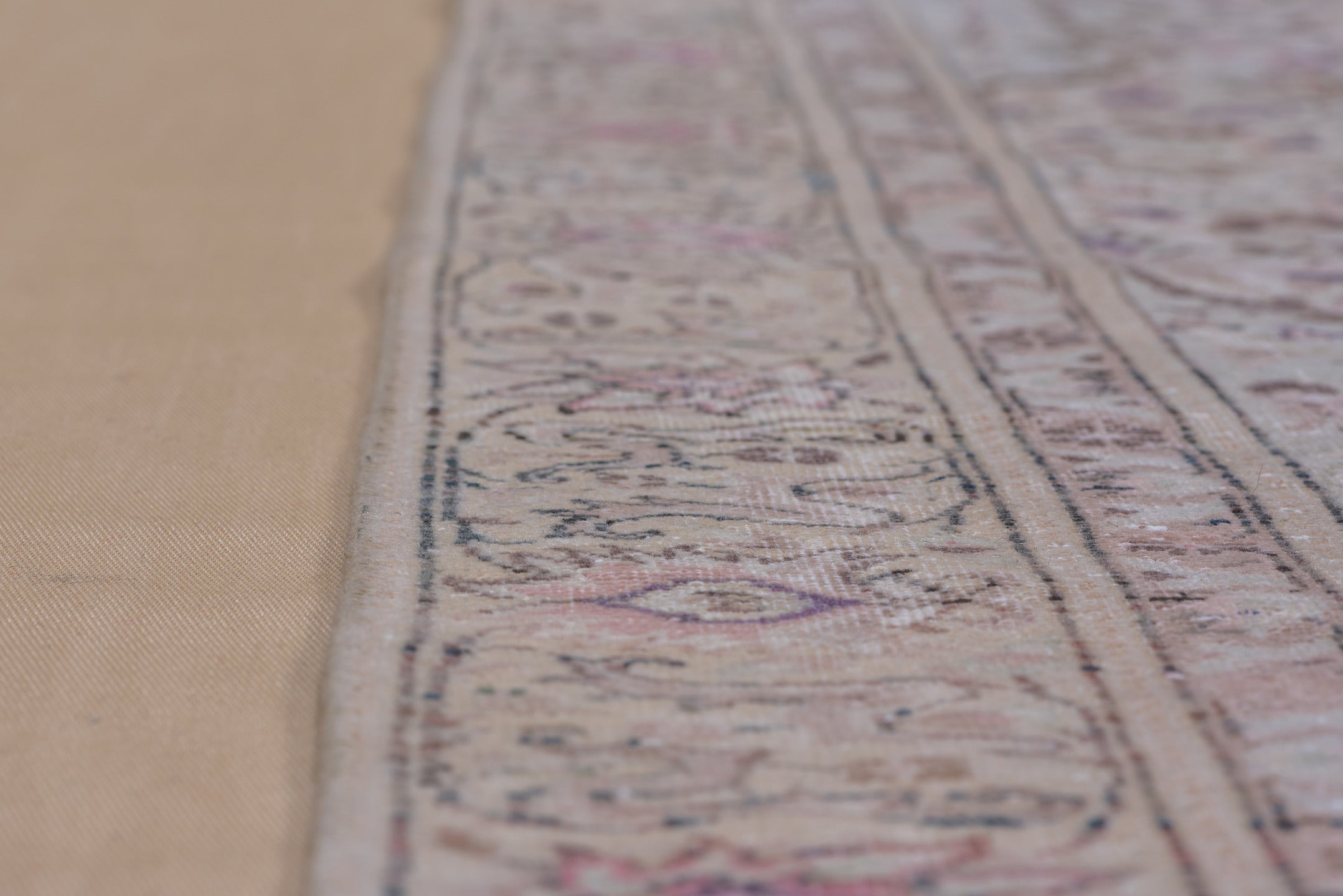 4' x 6' one-of-a-kind handmade vintage Kaisary small size rug. Color palette: ivory, blush, taupe, rose, beige, brown, sage