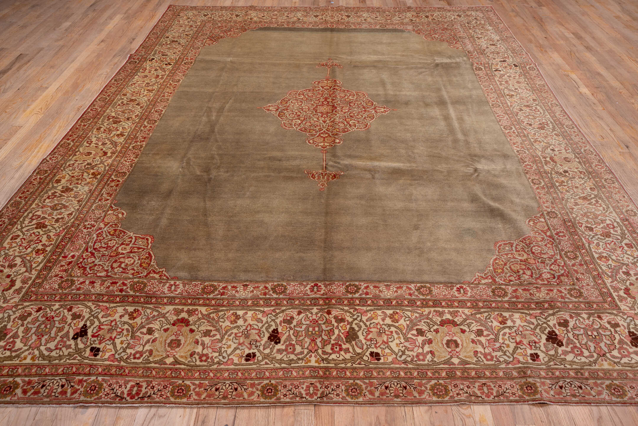 9' x 12' one-of-a-kind handmade antique Tabriz large size rug. Color palette: taupe, ivory, rose, rust, camel, brown, beige