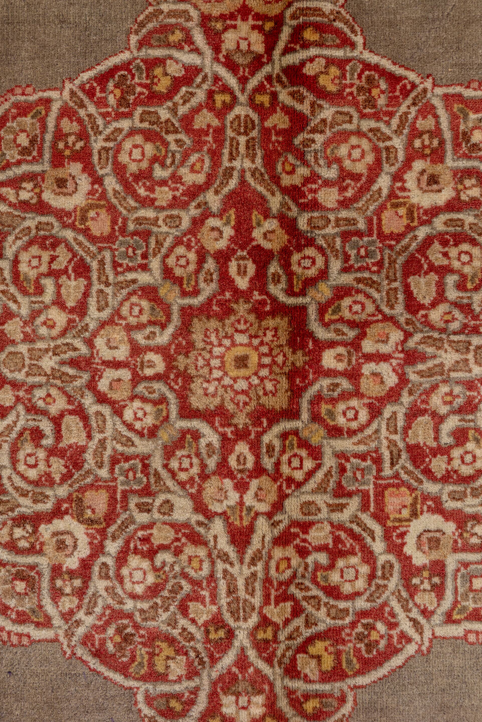 9' x 12' one-of-a-kind handmade antique Tabriz large size rug. Color palette: taupe, ivory, rose, rust, camel, brown, beige