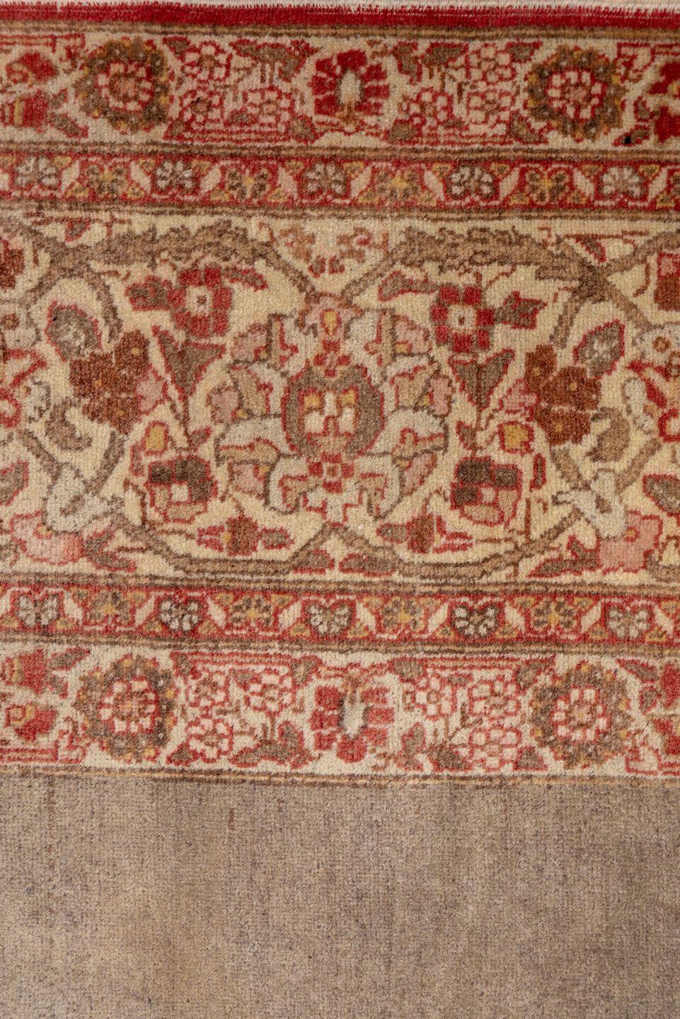 9' x 12' one-of-a-kind handmade antique Tabriz large size rug. Color palette: taupe, ivory, rose, rust, camel, brown, beige