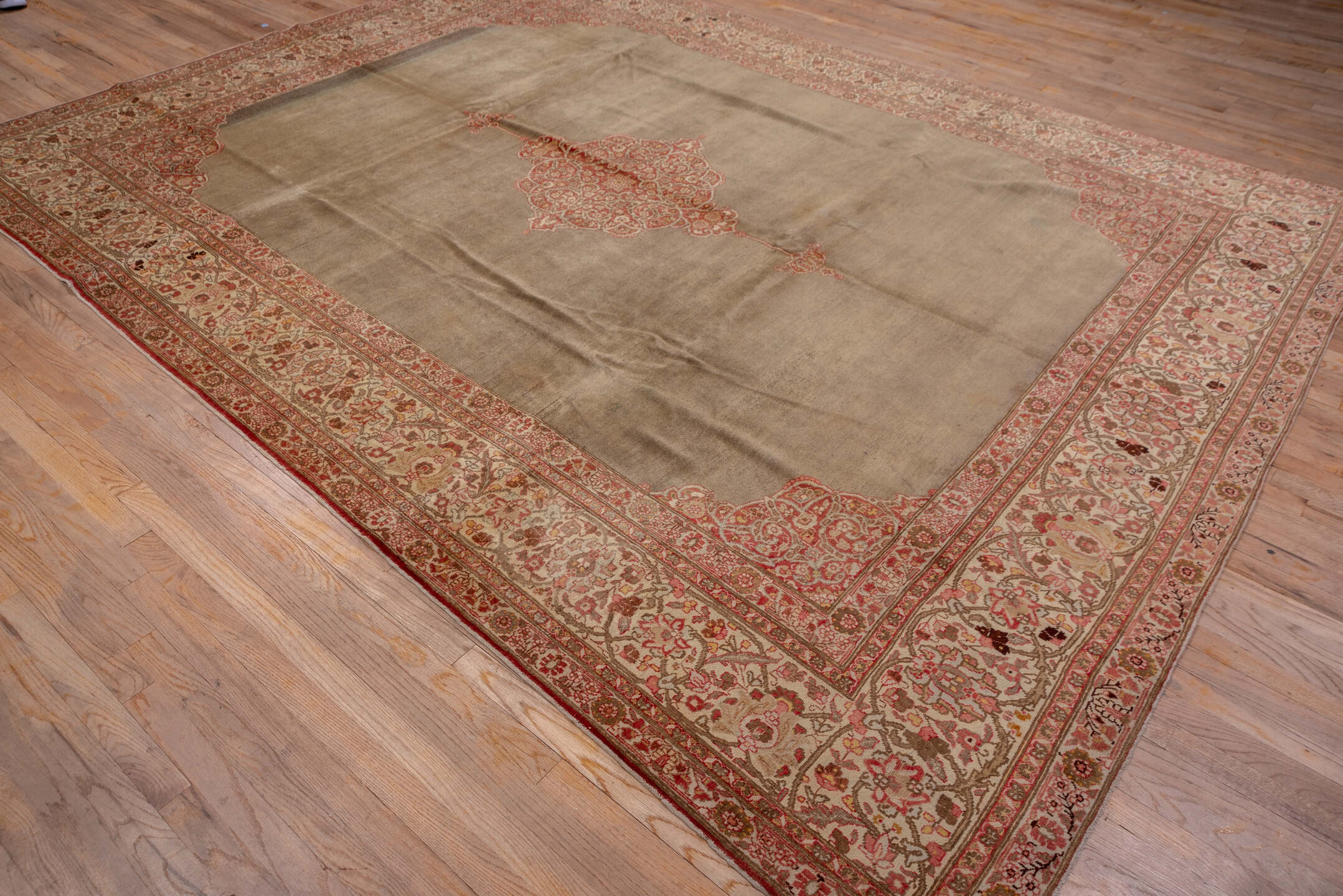 9' x 12' one-of-a-kind handmade antique Tabriz large size rug. Color palette: taupe, ivory, rose, rust, camel, brown, beige