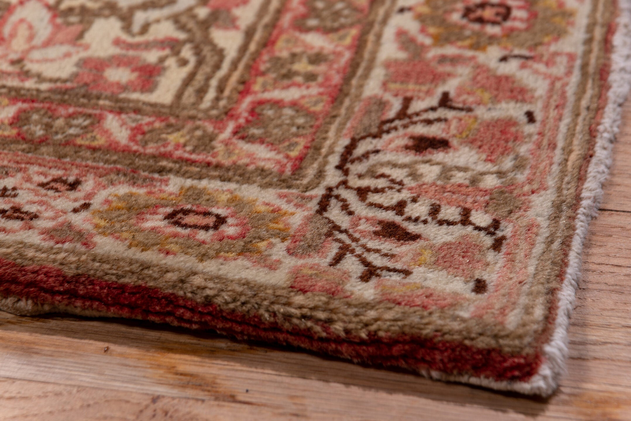9' x 12' one-of-a-kind handmade antique Tabriz large size rug. Color palette: taupe, ivory, rose, rust, camel, brown, beige