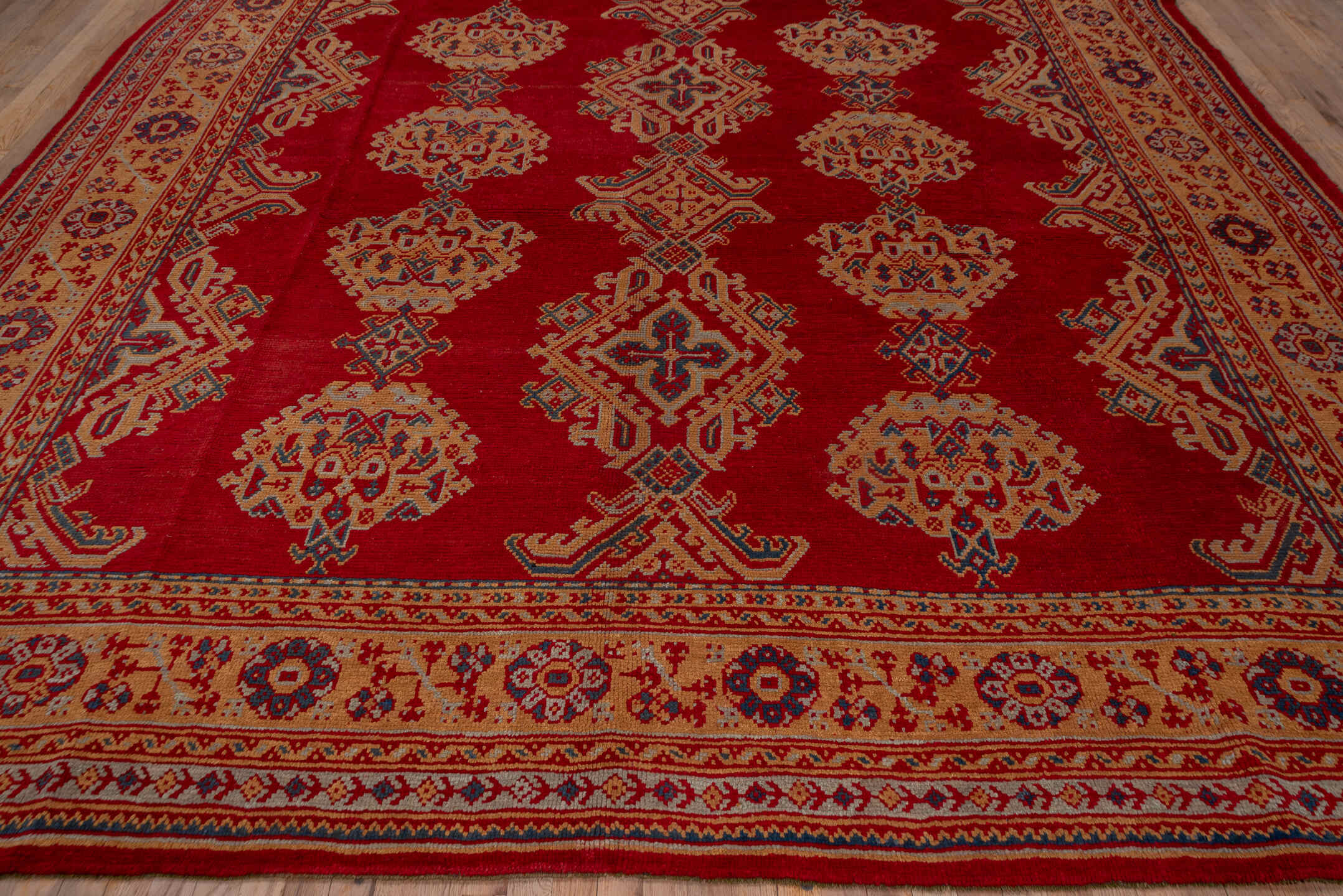 10' x 13' one-of-a-kind handmade antique Oushak large size rug. Color palette: red, ivory, navy, camel, rust, sky_blue, blue