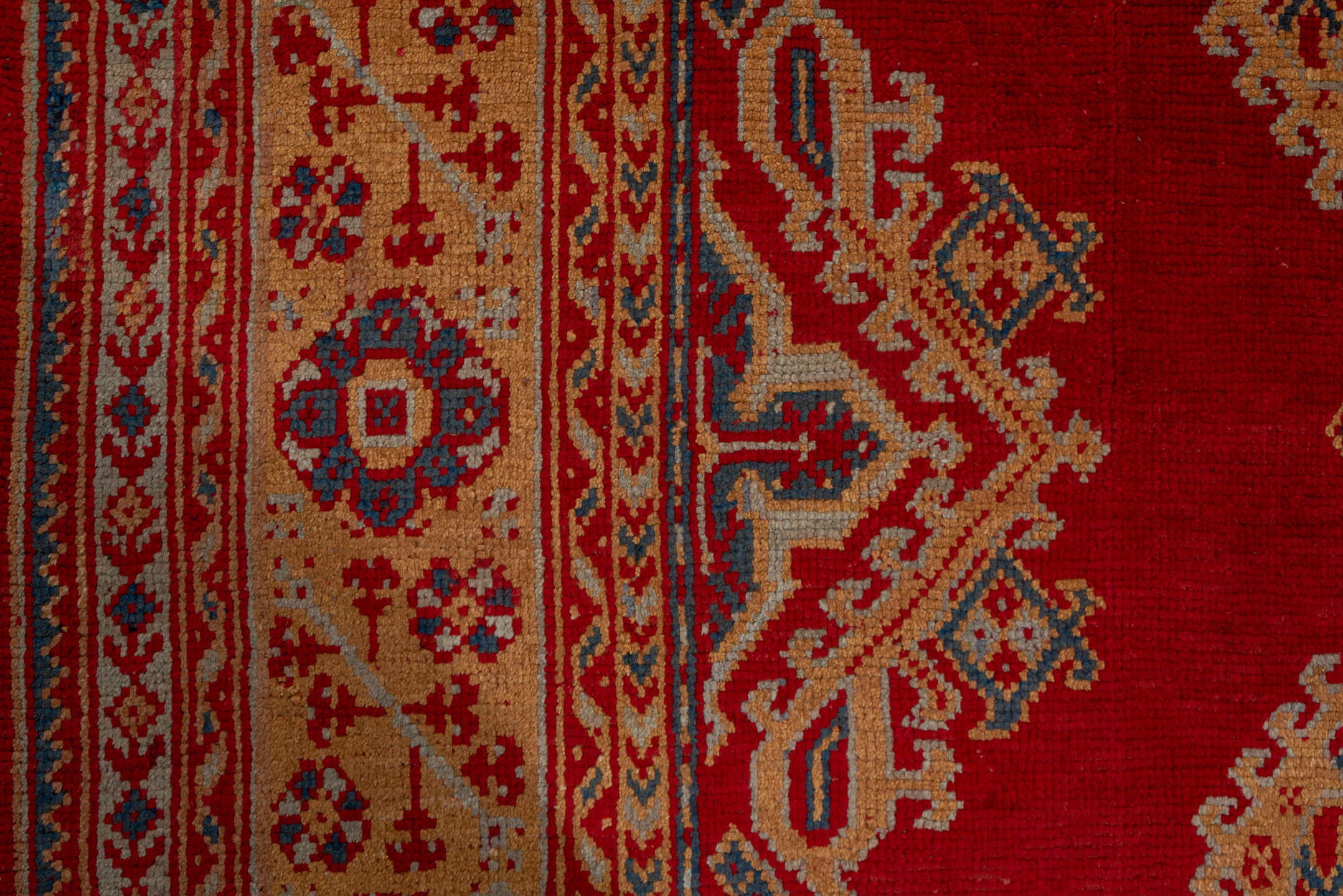 10' x 13' one-of-a-kind handmade antique Oushak large size rug. Color palette: red, ivory, navy, camel, rust, sky_blue, blue