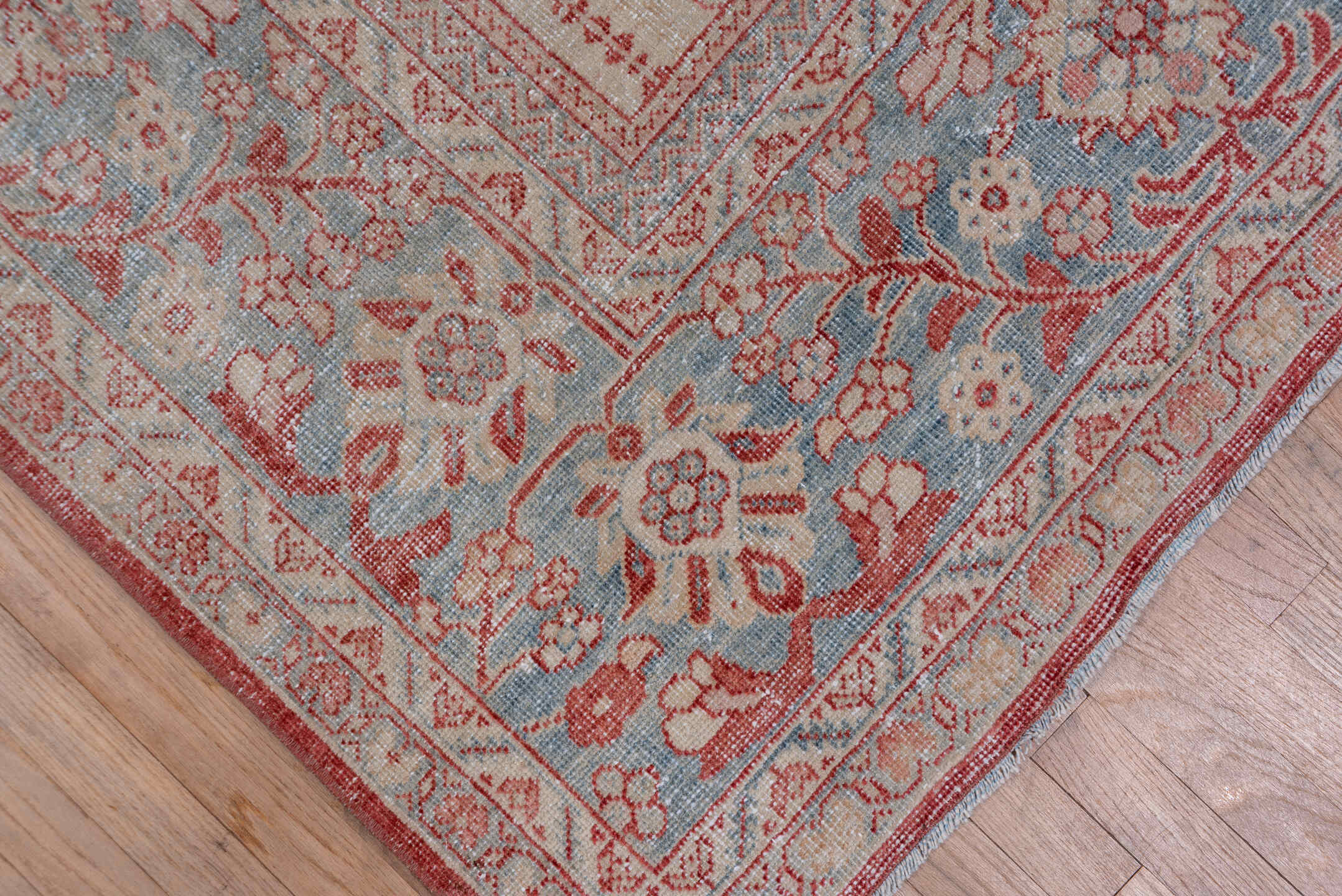 10' x 17' one-of-a-kind handmade antique Mahal rug. Color palette: ivory, powder_blue, rust, blush, sky_blue, rose