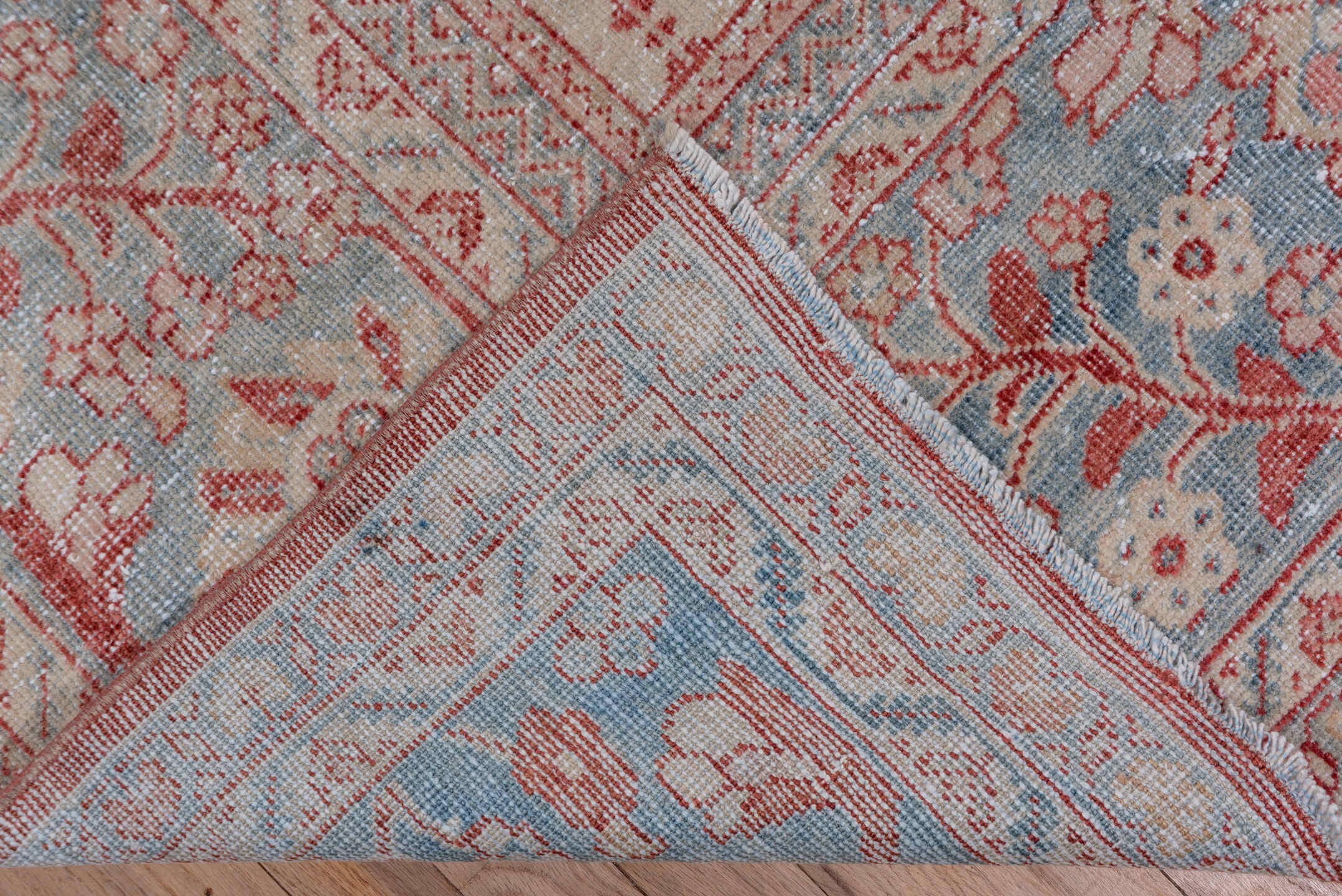 10' x 17' one-of-a-kind handmade antique Mahal rug. Color palette: ivory, powder_blue, rust, blush, sky_blue, rose
