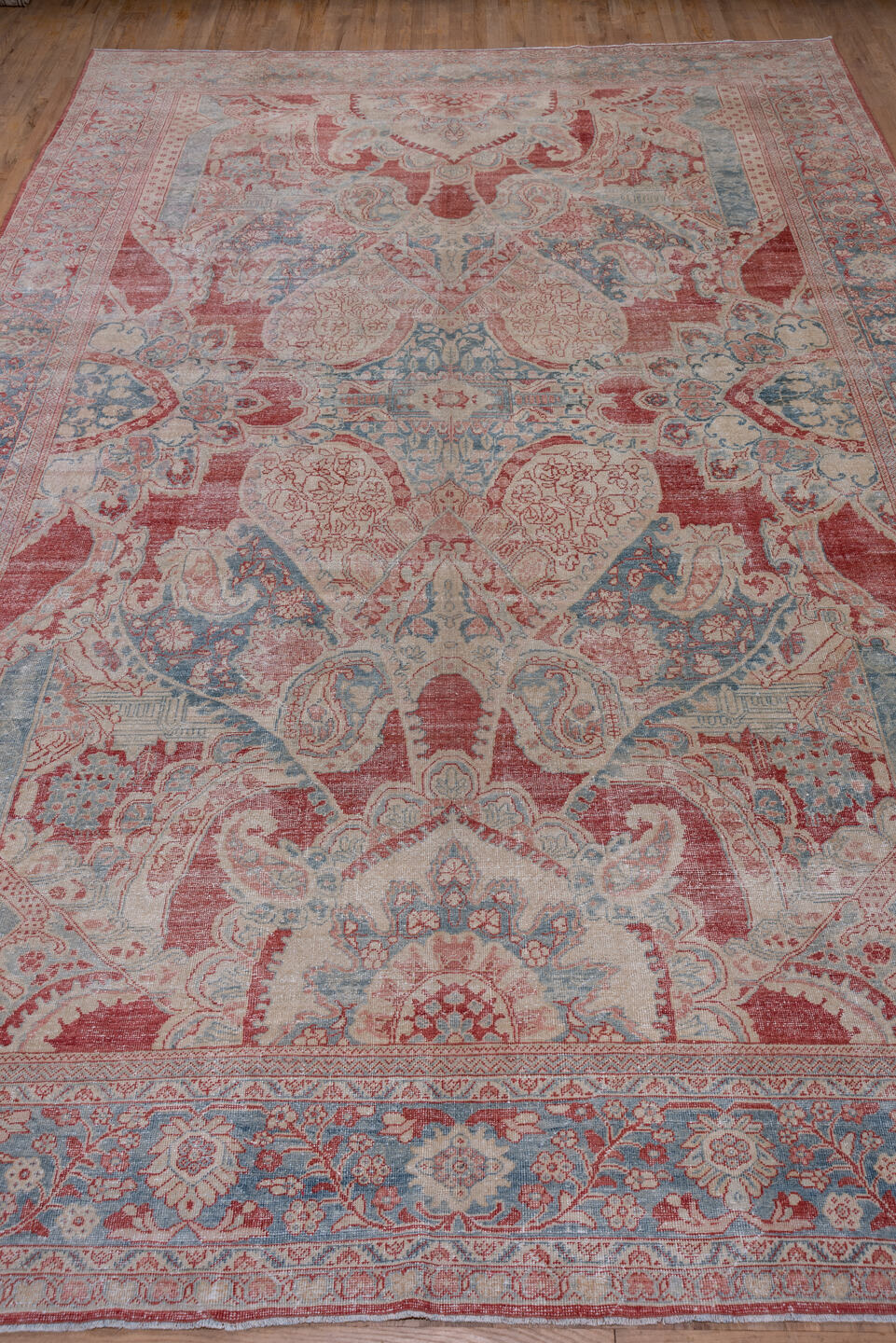 10' x 17' one-of-a-kind handmade antique Mahal rug. Color palette: ivory, powder_blue, rust, blush, sky_blue, rose