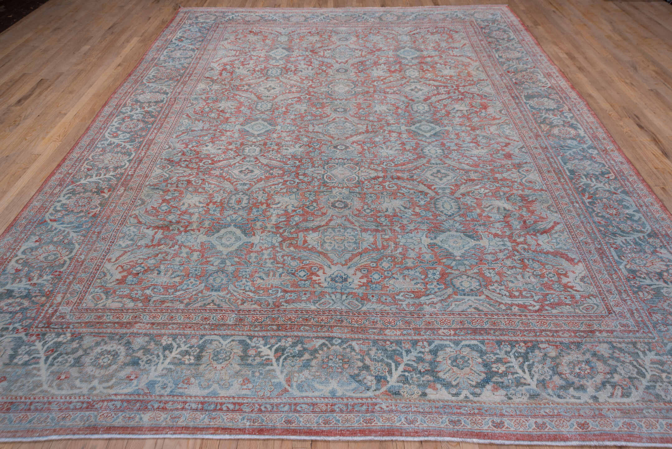 10' x 13' one-of-a-kind handmade vintage Mahal large size rug. Color palette: blue, brown, gray, light blue, light gray