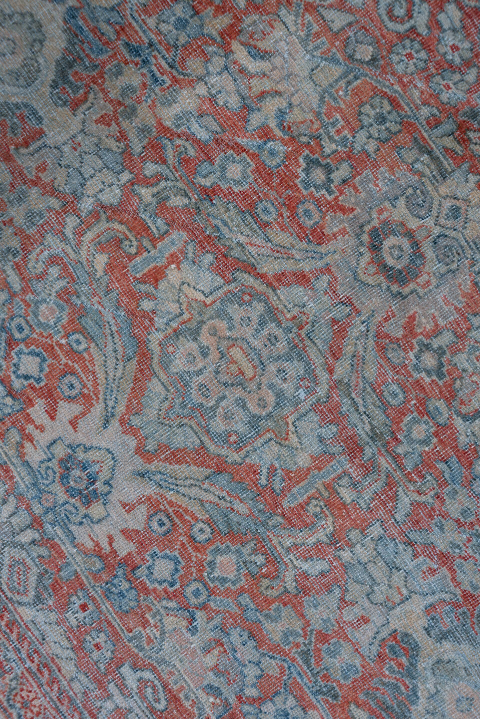 10' x 13' one-of-a-kind handmade vintage Mahal large size rug. Color palette: blue, brown, gray, light blue, light gray