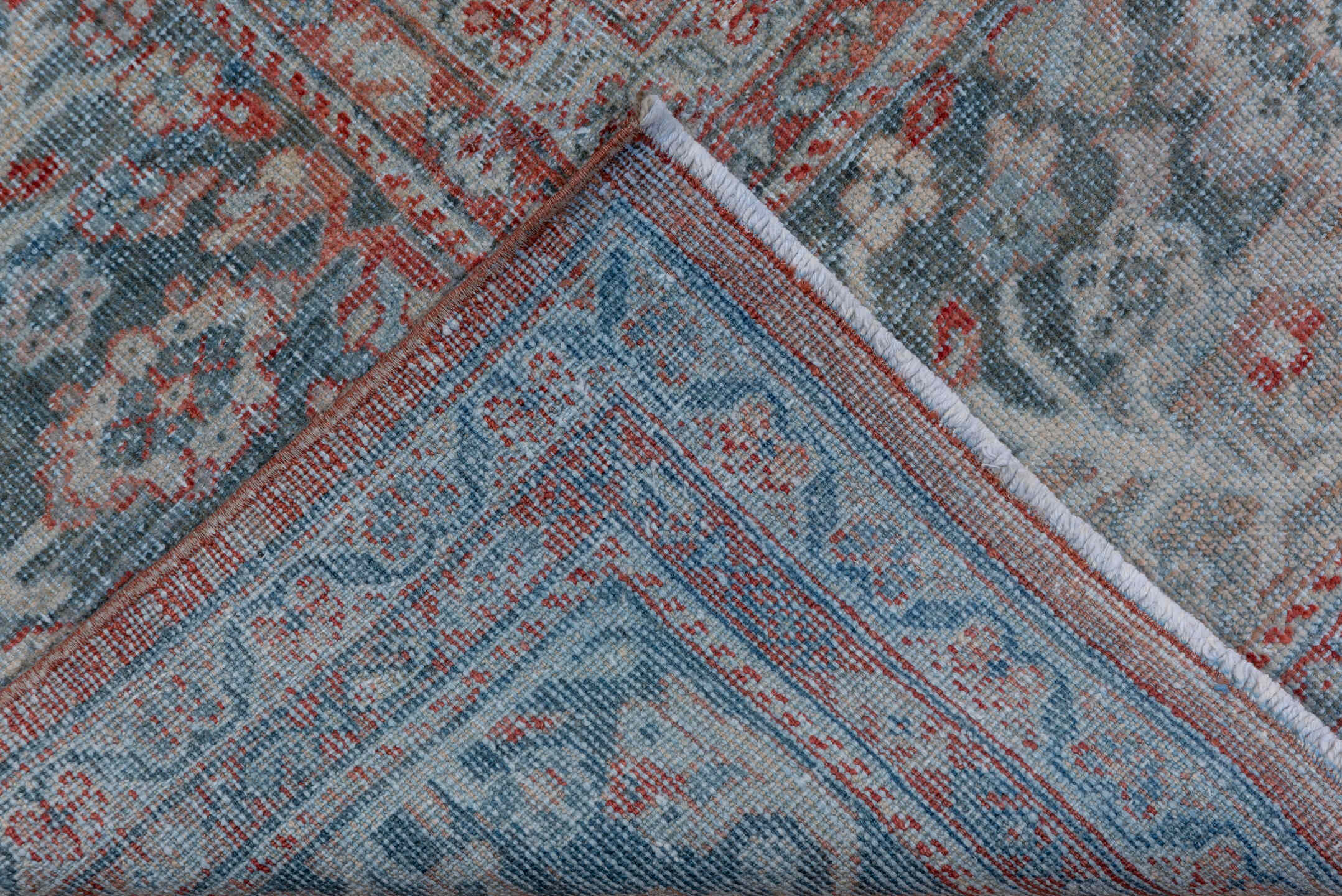 10' x 13' one-of-a-kind handmade vintage Mahal large size rug. Color palette: blue, brown, gray, light blue, light gray