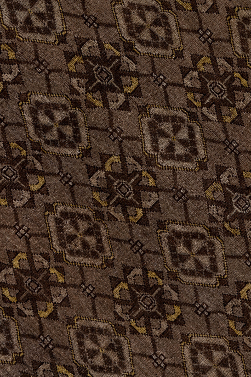 8' x 11' one-of-a-kind handmade antique Afghan large size rug. Color palette: taupe, brown, charcoal, camel, ivory, gold