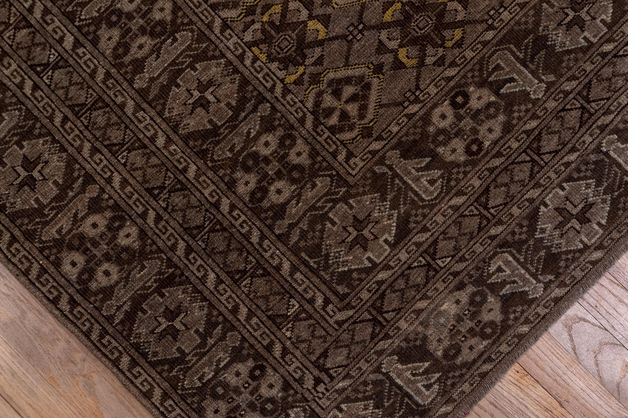 8' x 11' one-of-a-kind handmade antique Afghan large size rug. Color palette: taupe, brown, charcoal, camel, ivory, gold