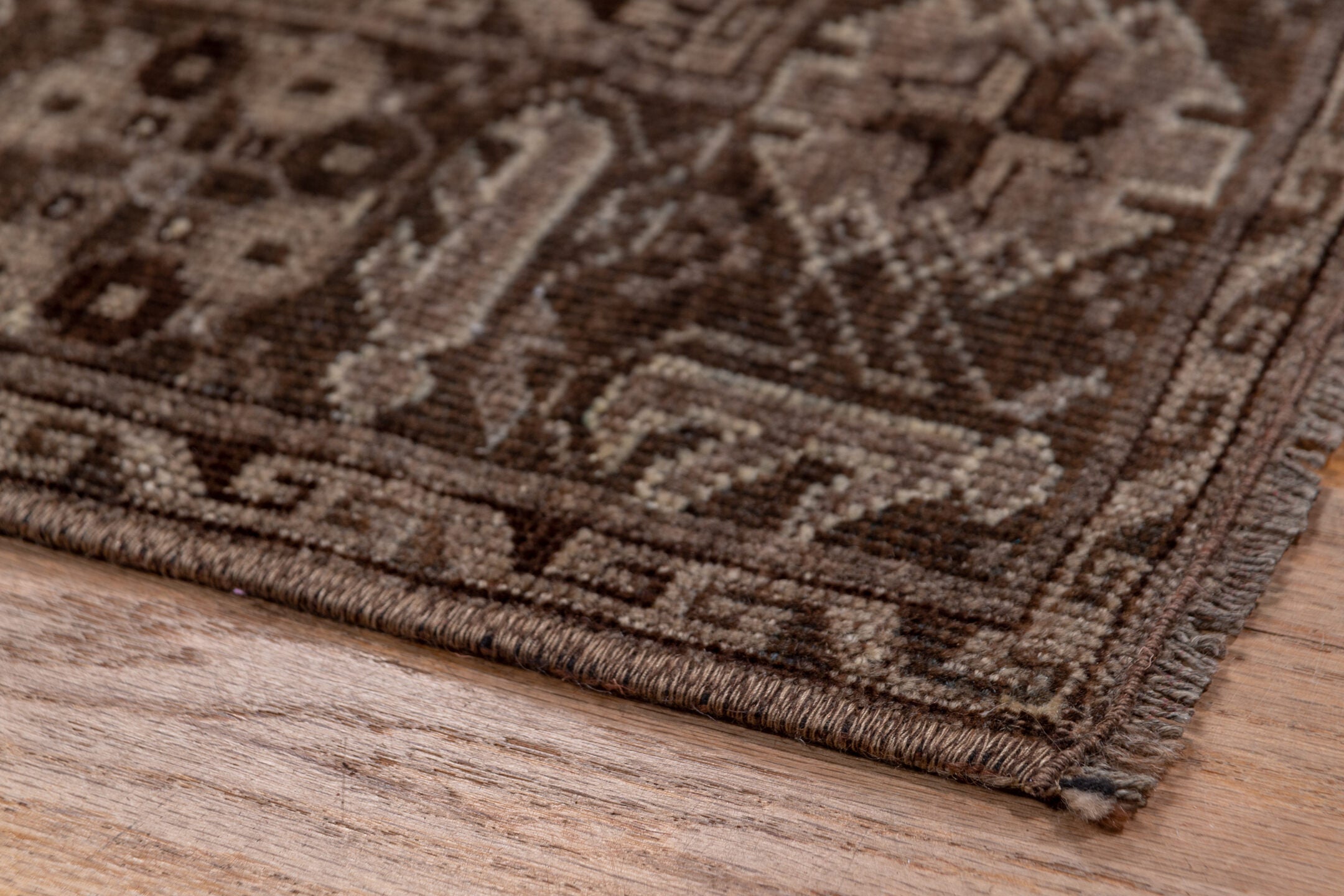 8' x 11' one-of-a-kind handmade vintage Afghan large size rug. Color palette: brown, gray, light gray, off-white, pink, snow