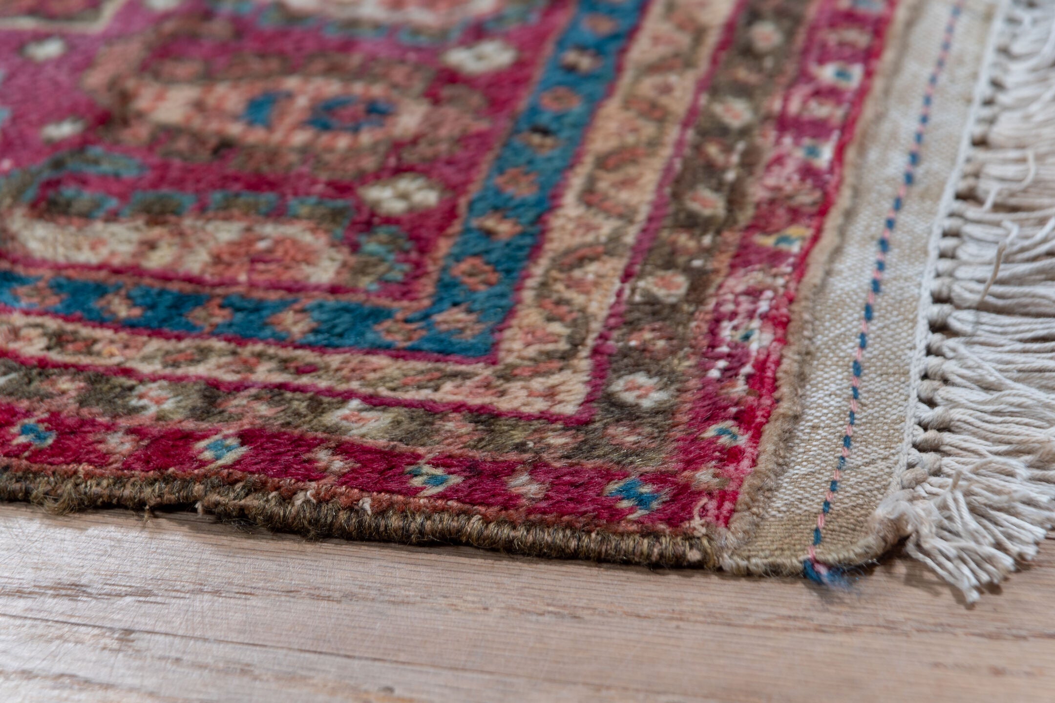 6' x 12' one-of-a-kind handmade antique Ghordes large size rug. Color palette: rust, brick, ivory, navy, rose, taupe