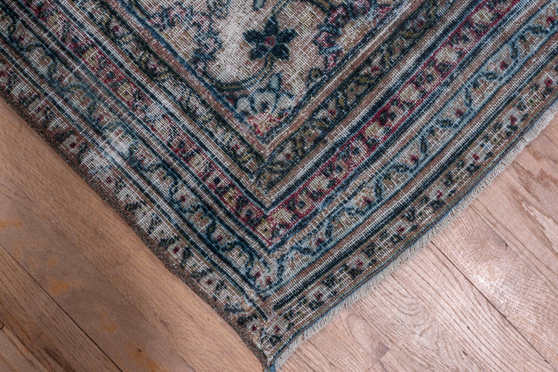 2' x 17' one-of-a-kind handmade antique Khorassan runner rug. Color palette: ivory, navy, rose, taupe, rust, slate, brown