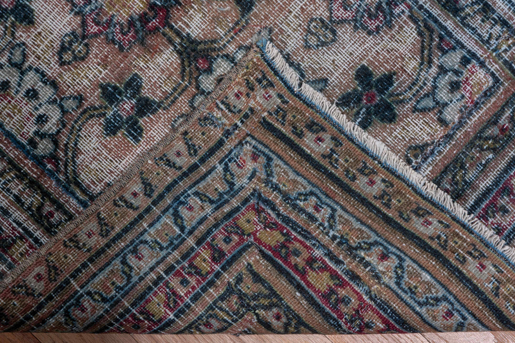 2' x 17' one-of-a-kind handmade antique Khorassan runner rug. Color palette: ivory, navy, rose, taupe, rust, slate, brown