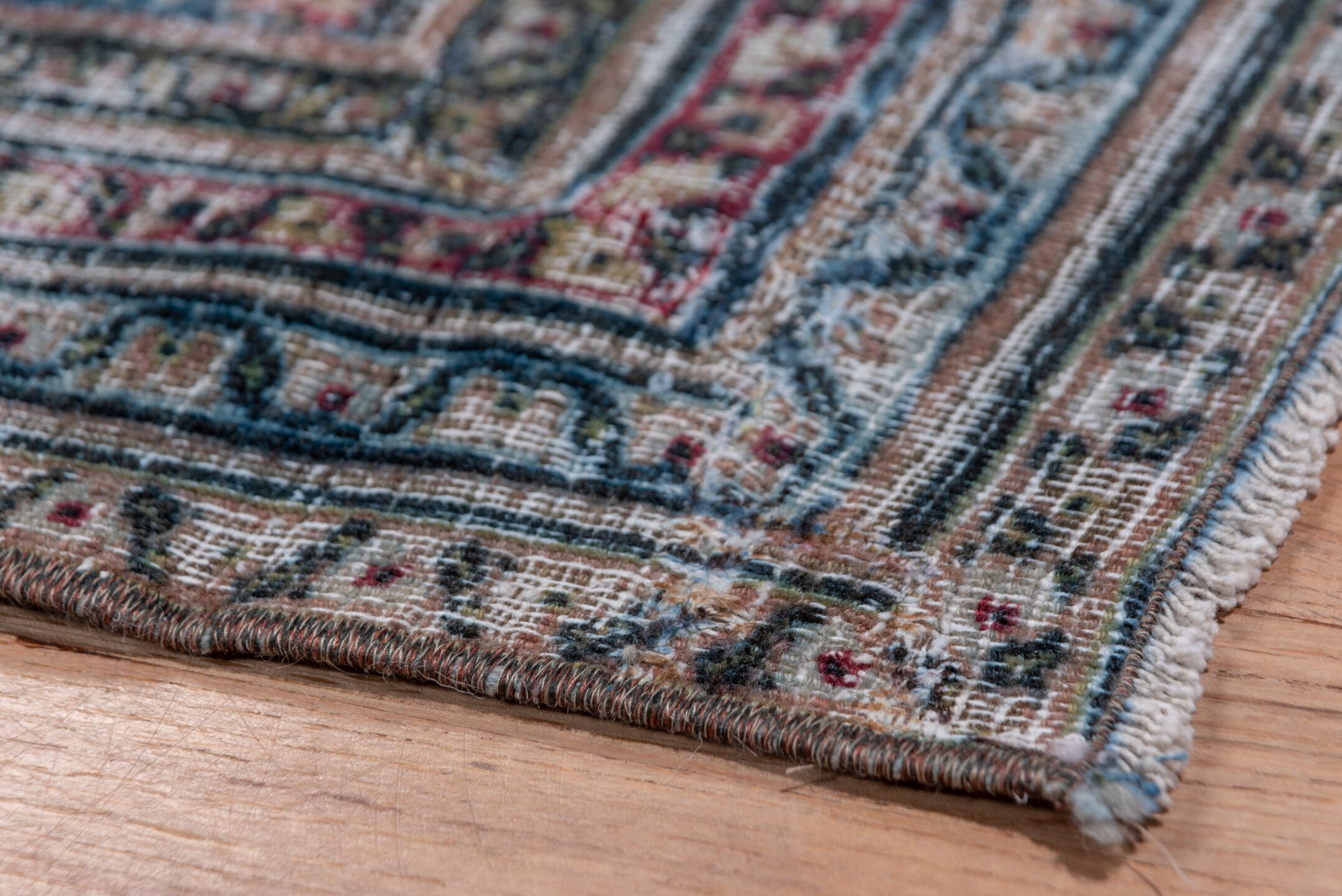 2' x 17' one-of-a-kind handmade antique Khorassan runner rug. Color palette: ivory, navy, rose, taupe, rust, slate, brown