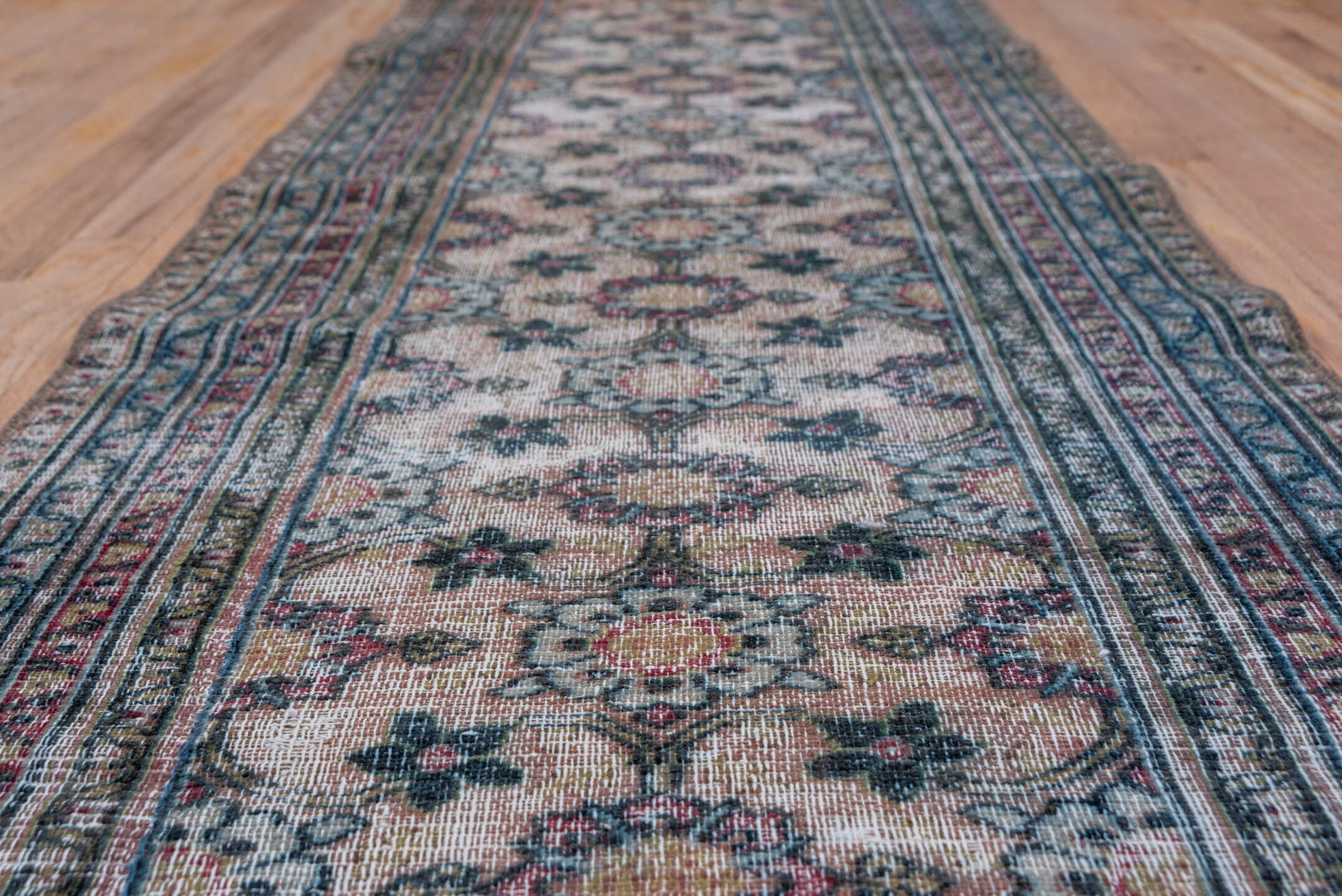 2' x 17' one-of-a-kind handmade antique Khorassan runner rug. Color palette: ivory, navy, rose, taupe, rust, slate, brown