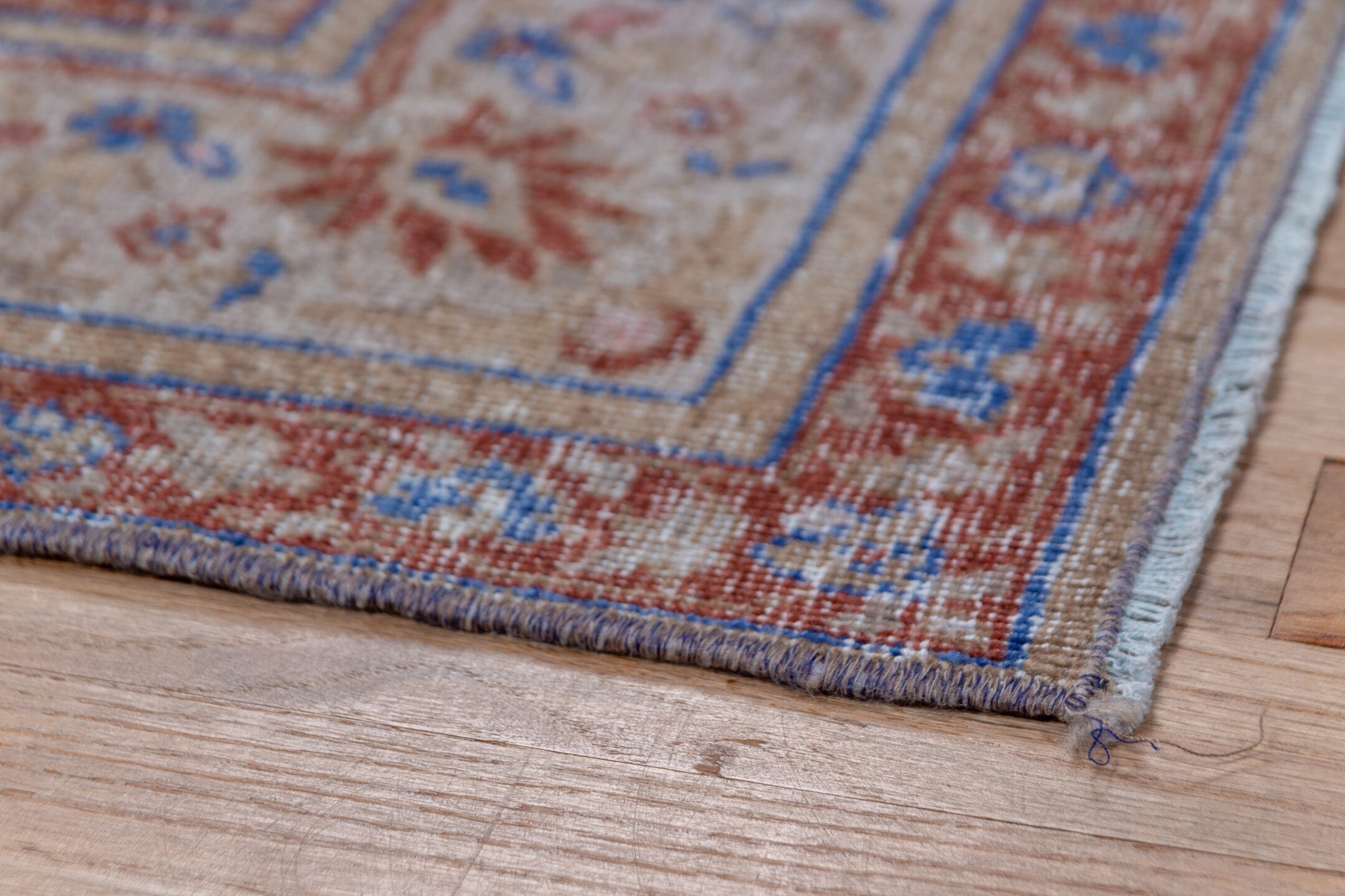 4' x 6' one-of-a-kind handmade vintage Sivas small size rug. Color palette: blue, brown, gray, light gray, pink, red