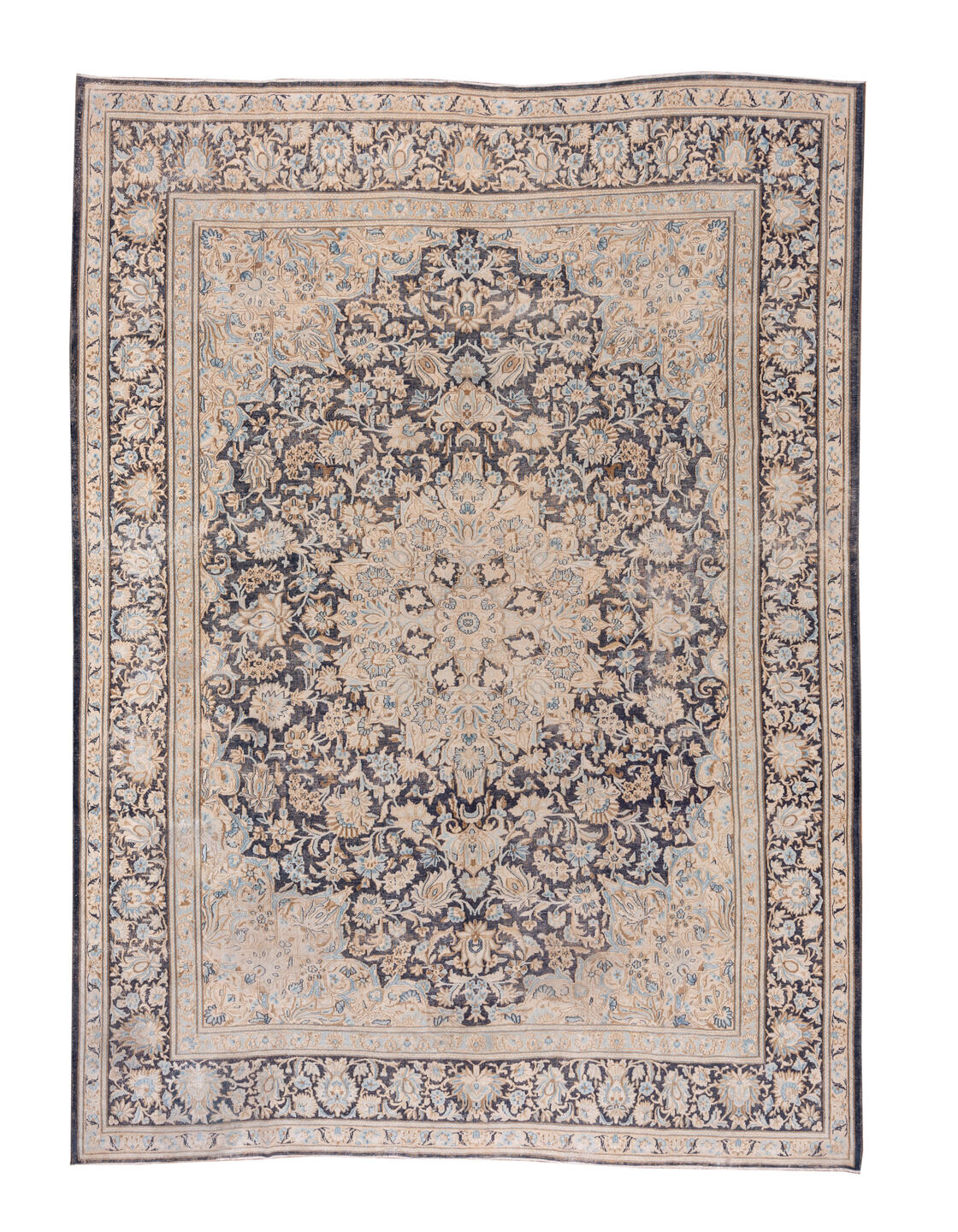 9' x 12' one-of-a-kind handmade vintage Kerman large size rug. Color palette: black, blue, brown, dark gray, gray