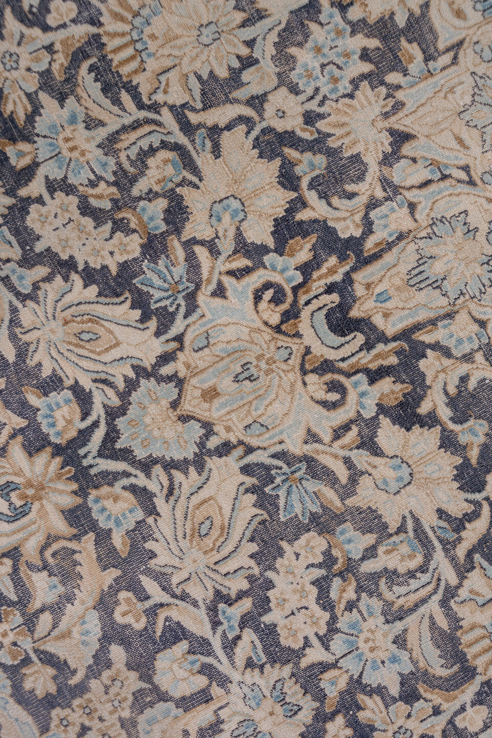 9' x 12' one-of-a-kind handmade antique Kerman large size rug. Color palette: ivory, navy, beige, pale blue, taupe, charcoal