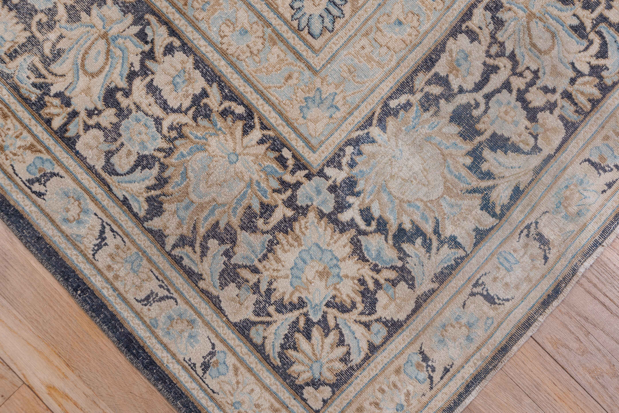 9' x 12' one-of-a-kind handmade antique Kerman large size rug. Color palette: ivory, navy, beige, pale blue, taupe, charcoal