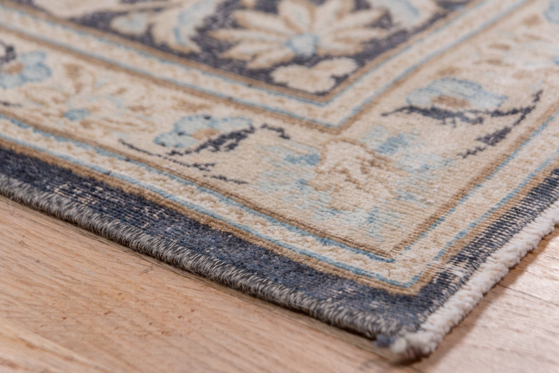 9' x 12' one-of-a-kind handmade antique Kerman large size rug. Color palette: ivory, navy, beige, pale blue, taupe, charcoal
