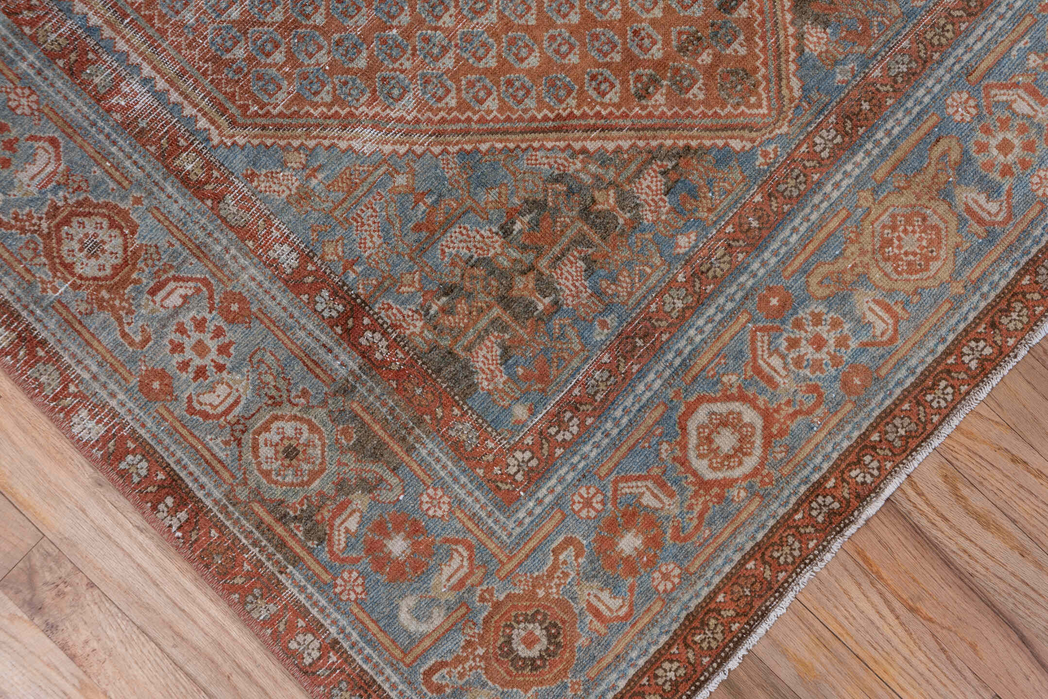 4' x 6' one-of-a-kind handmade antique Malayer small size rug. Color palette: terra cotta, sky blue, ivory, rust, slate