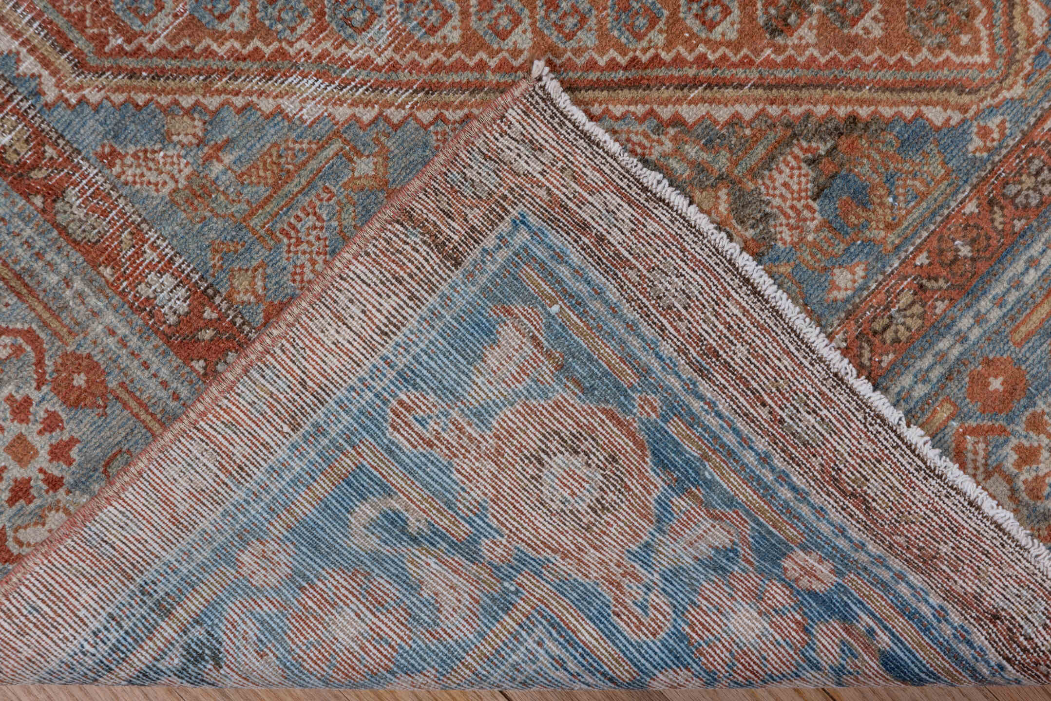 4' x 6' one-of-a-kind handmade antique Malayer small size rug. Color palette: terra cotta, sky blue, ivory, rust, slate