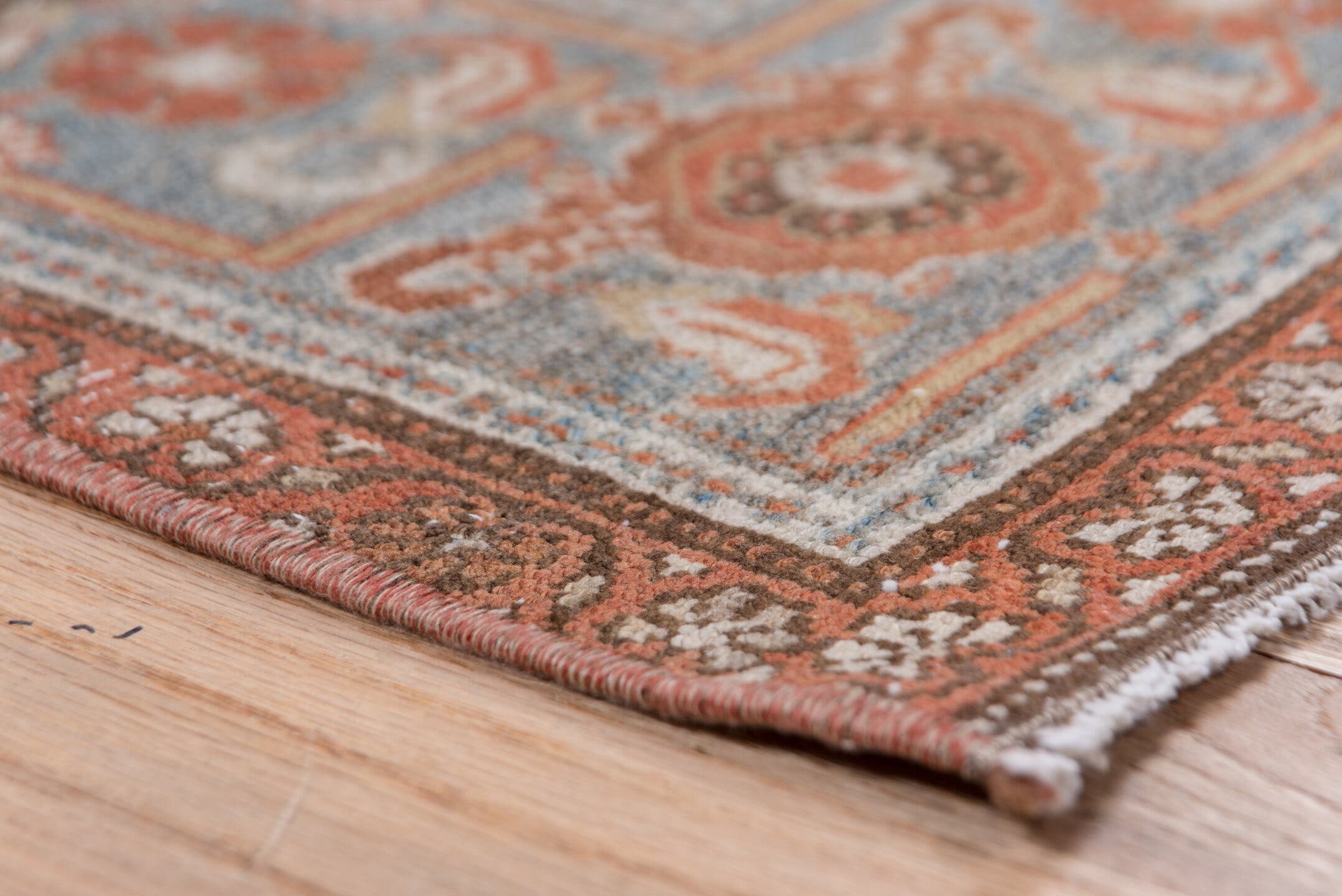 4' x 6' one-of-a-kind handmade antique Malayer small size rug. Color palette: terra cotta, sky blue, ivory, rust, slate