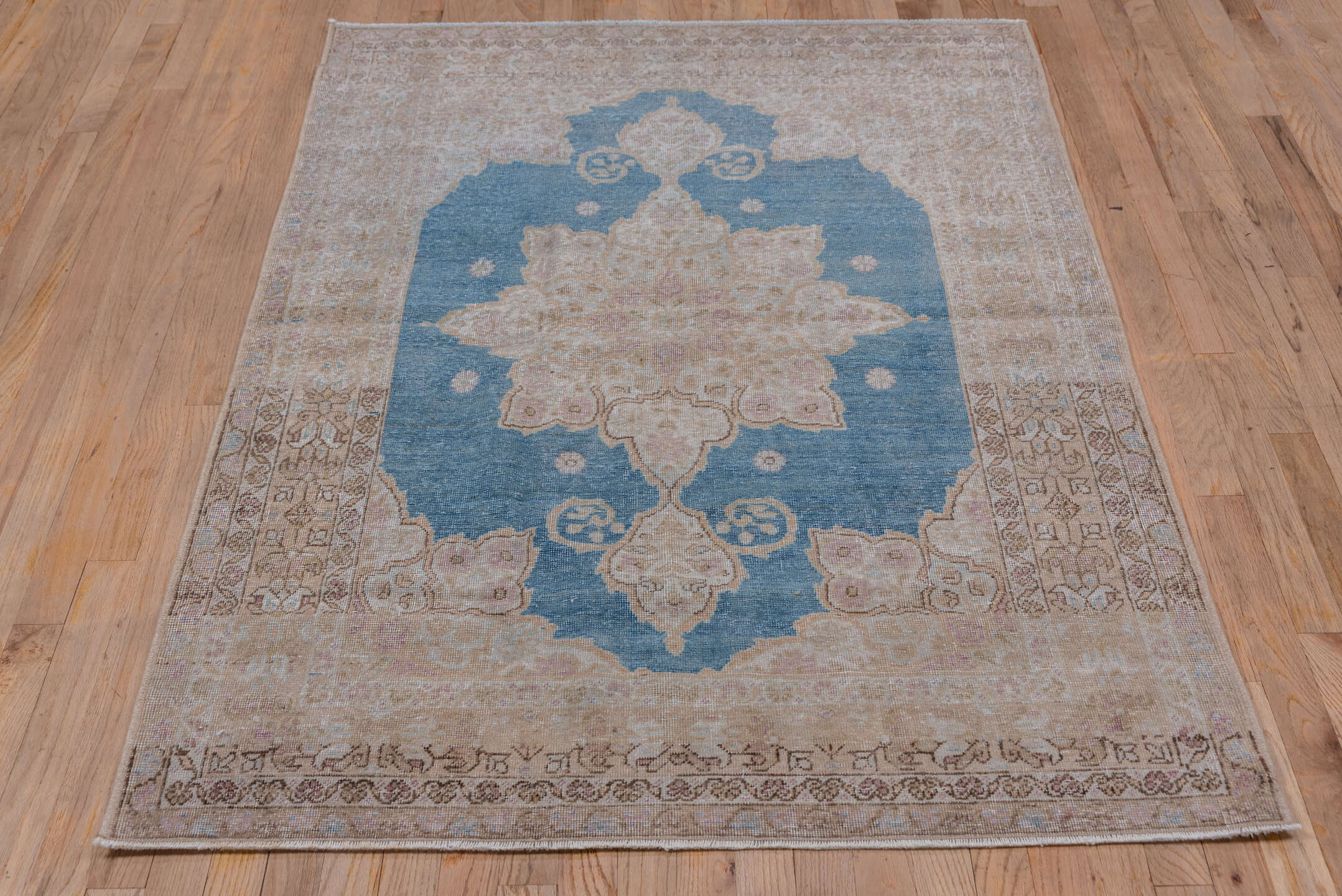 3' x 6' one-of-a-kind handmade antique Sivas small size rug. Color palette: beige, blue, taupe, blush, ivory, brown, gray